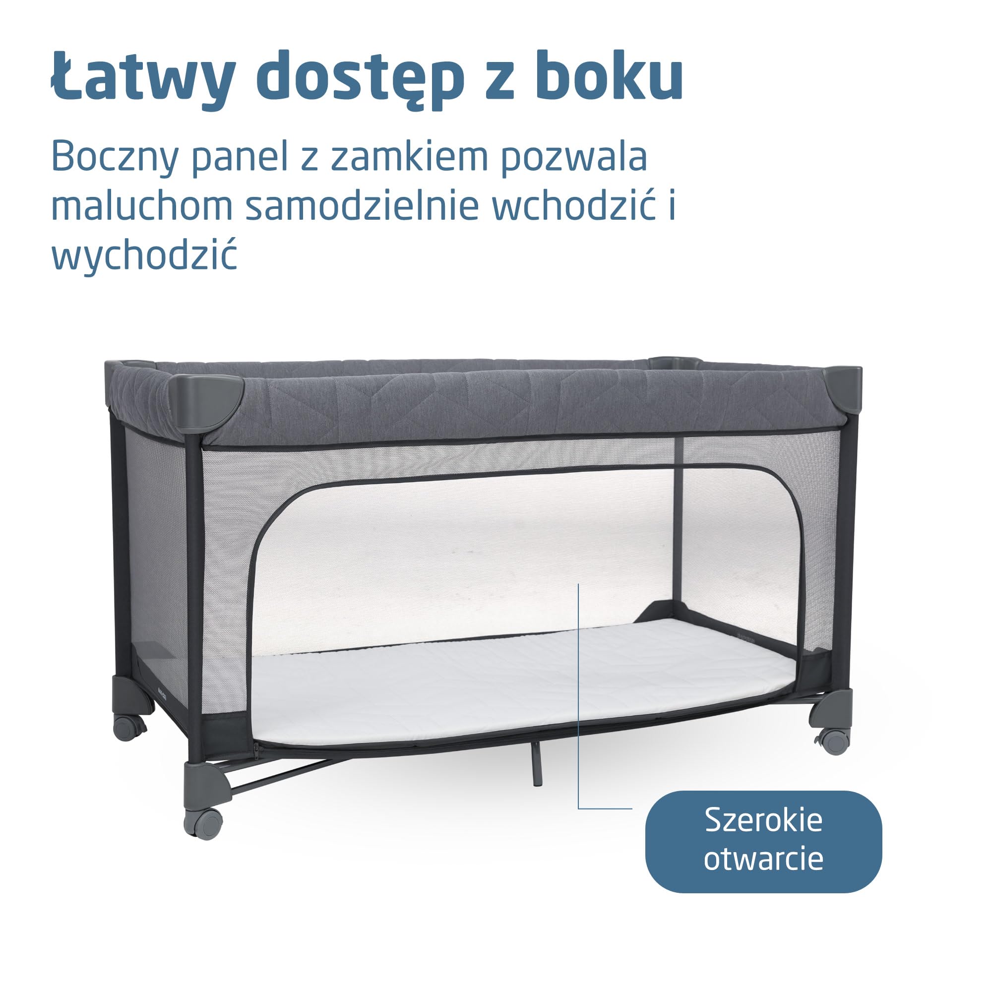 Maxi-Cosi Merlin, Łóżeczko Turystyczne & Plac Zabaw 2 w 1, 0–4 lat, do 18 kg, Łóżeczko Podróżne, Składa Się w 1 Sekundę, Materac CloudCore 120x60 cm, Boczne Wejście, 4 Kółka, Elegance Graphite