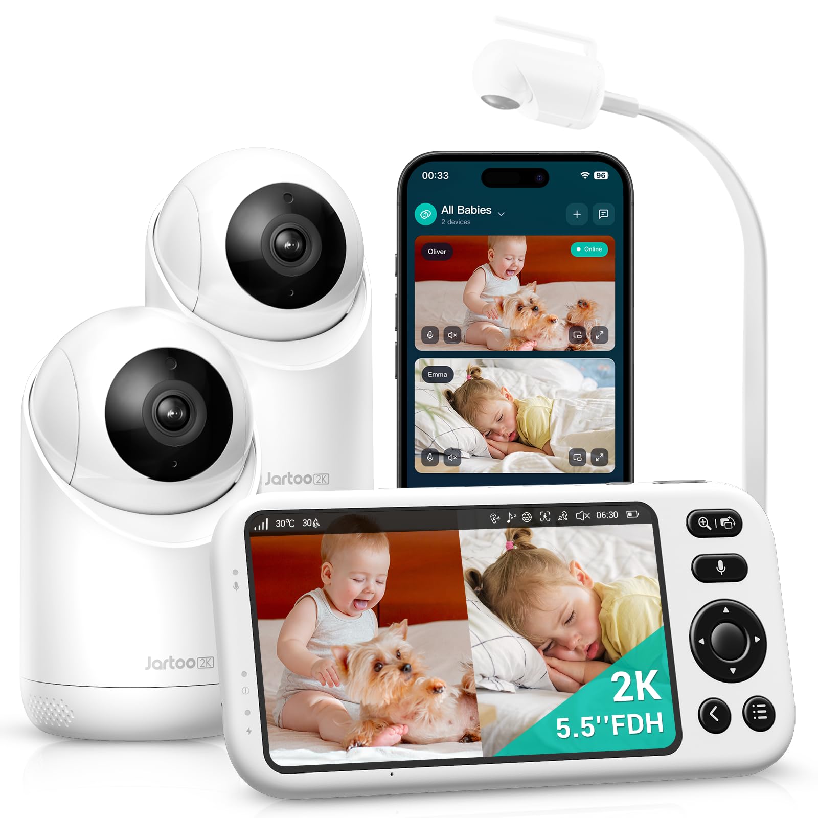 Jartoo Baby Monitor intelligente con 2K 2 telecamere e supporto, schermo da 14 cm, Wi-Fi ibrido e senza connessione Wi-Fi, lungo raggio, rilevamento basato su AI, app gratuita e registrazione 24/7