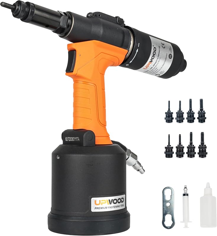 Rebitador pneumático hidráulico para porcas rebite UPWOOD HPS6312F com botão reversível e 8 conjuntos de ponteiras métricas e SAE