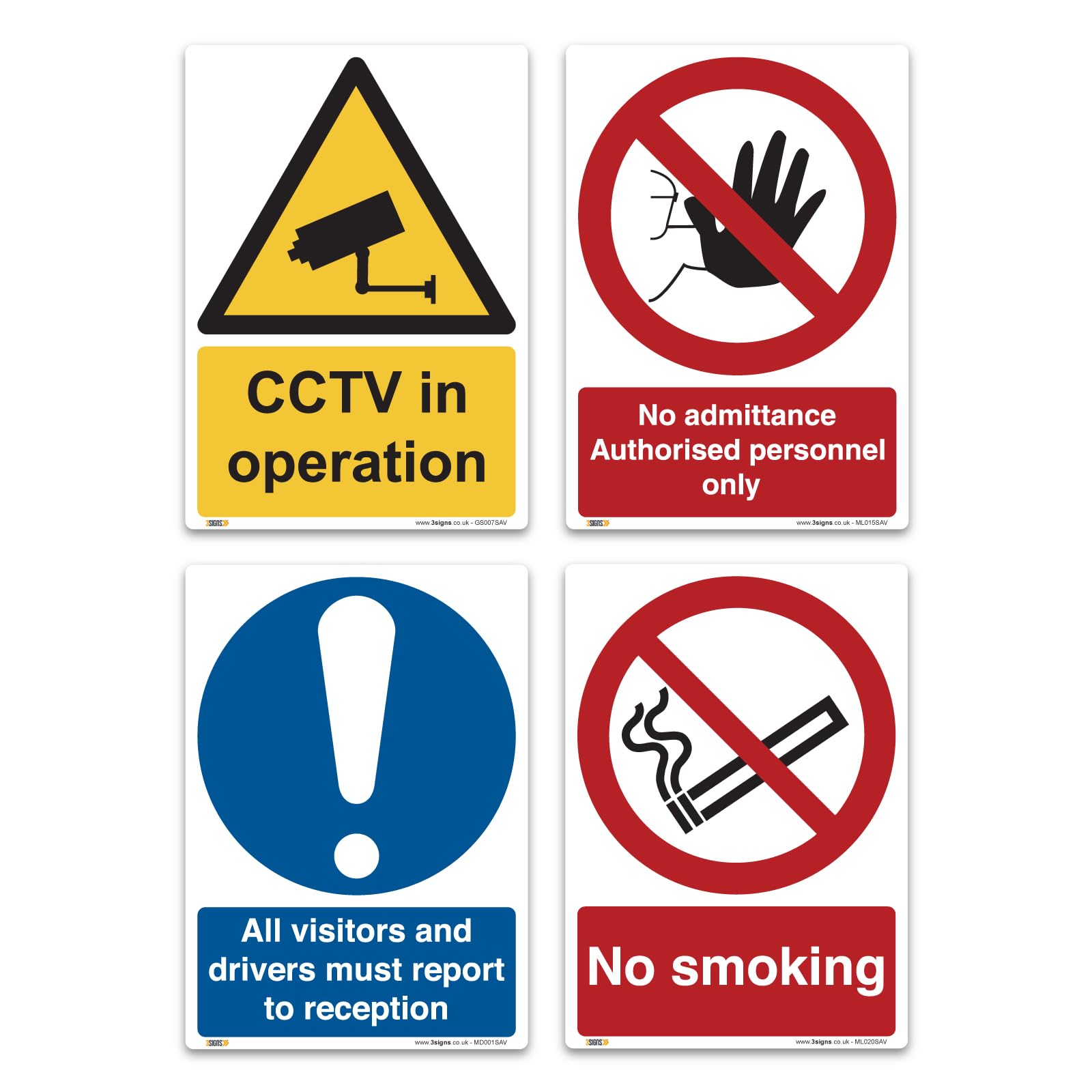 Security Signs Pack of 4 - CCTV in Operation, No Admittance, Visitors Report to Reception & No Smoking - A5 210 x 148mm - Vinyl Safety Signs for Offices, Warehouses, Shops, Public Buildings