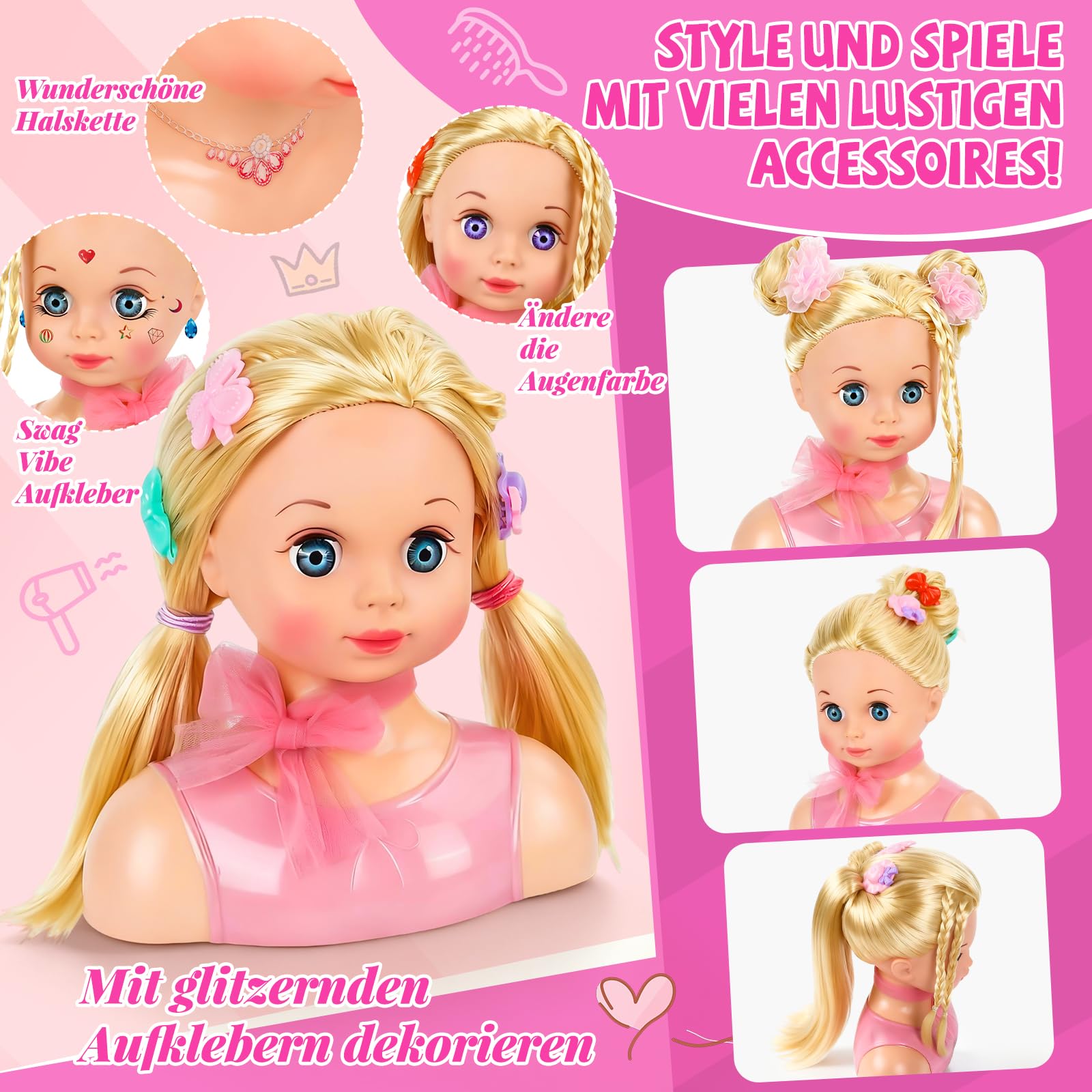Frisierkopf Kinder Set, Frisierkopfpuppe Spielzeug Set für Kinder mit Haarzubehör, Frisierkopf für Mädchen Waschbar Set Geschenk Weihnachten für Mädchen 3-10 Jahren
