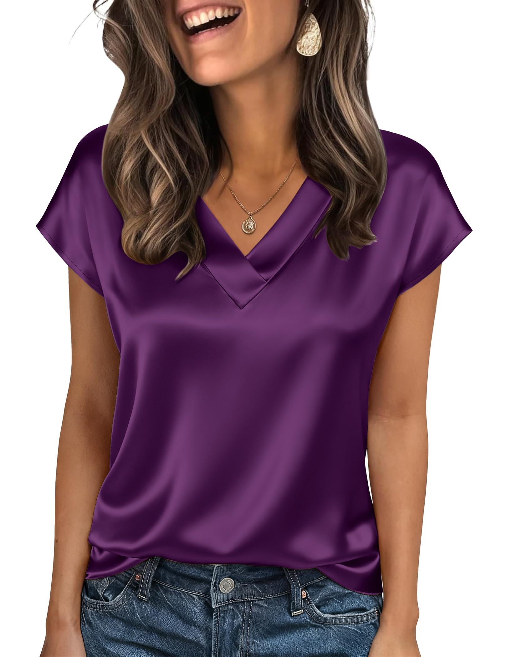 Womens Tops V Neck Shirts Trendy Elegant Satin Short Sleeve Silk Blouses Business Casual Clothes Purple