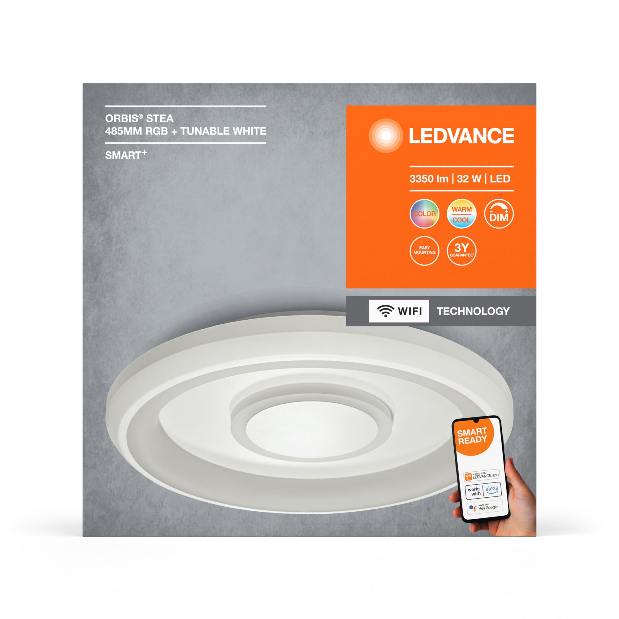 LEDVANCE ORBIS STEA SMART+ WiFi Leuchte, Ø 48cm, dimmbare runde LED Deckenleuchte für den Innenbereich, 32W, Farbtemperatur 2700-6500K, 2150 Lumen, 2 LED RGB Modul, runde Design-Leuchte, weiß