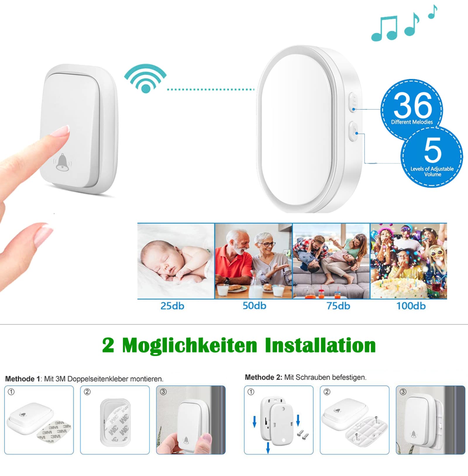 『Aucune pile requise』 Sonnette sans fil auto-alimentée, 4 récepteurs enfichables et 1 émetteur auto-alimenté, étanche IP55, volume à 5 niveaux et lumière LED, 36 carillons, portée de travail de 800