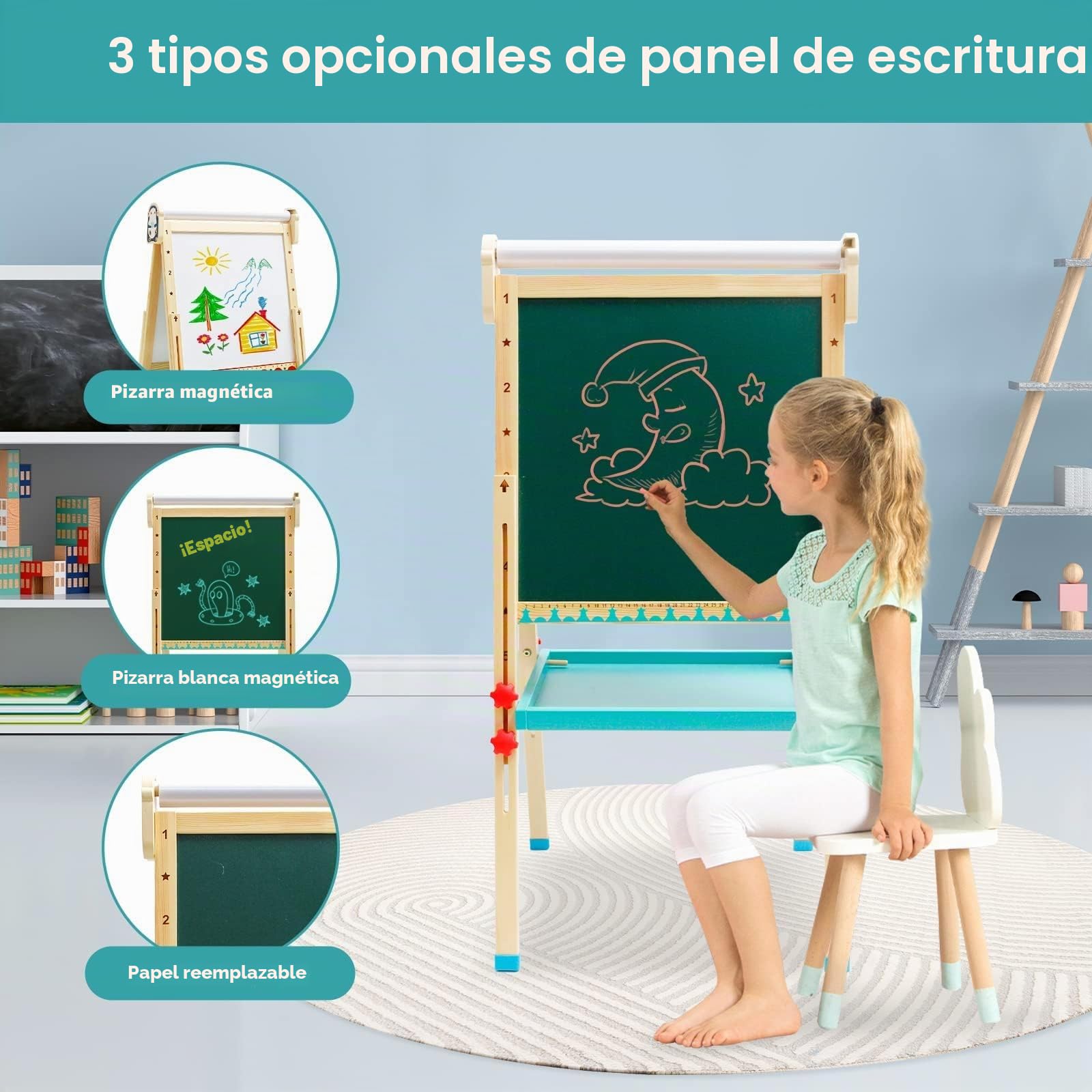 Caballete para Niños, Caballete de Arte de Madera con Altura Ajustable con Rollo de Papel, Bandeja de Almacenamiento y Otros Accesorios, Pizarra y Pizarra Independiente para Niños y Jóvenes