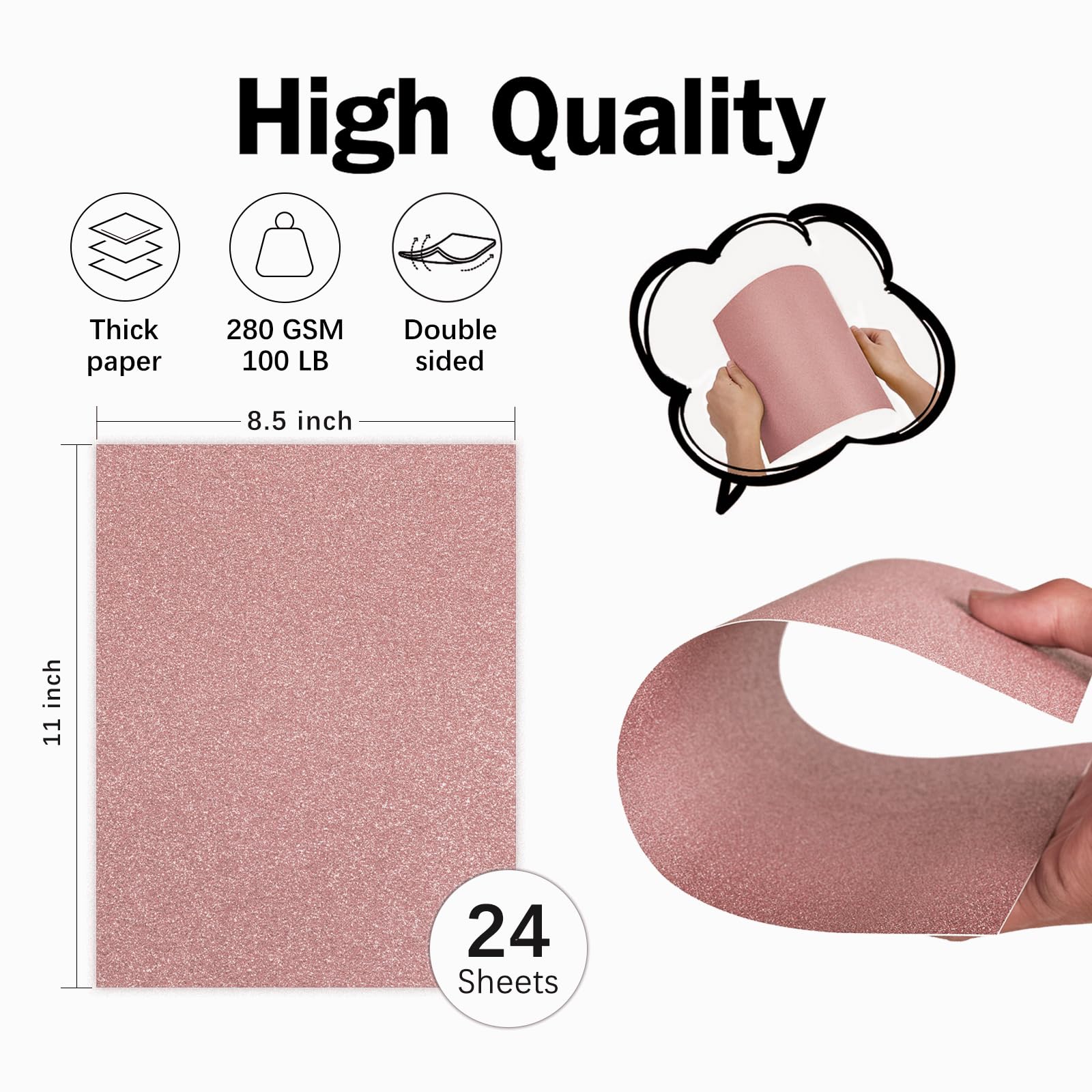 Cartulina rosa con purpurina de 8.5 x 11 pulgadas, doble cara, 24 hojas, papel rosa Goefun con purpurina que no se desprende, 300 g/m²/110 libras, cartulina rosa para envolver regalos, cumpleaños,