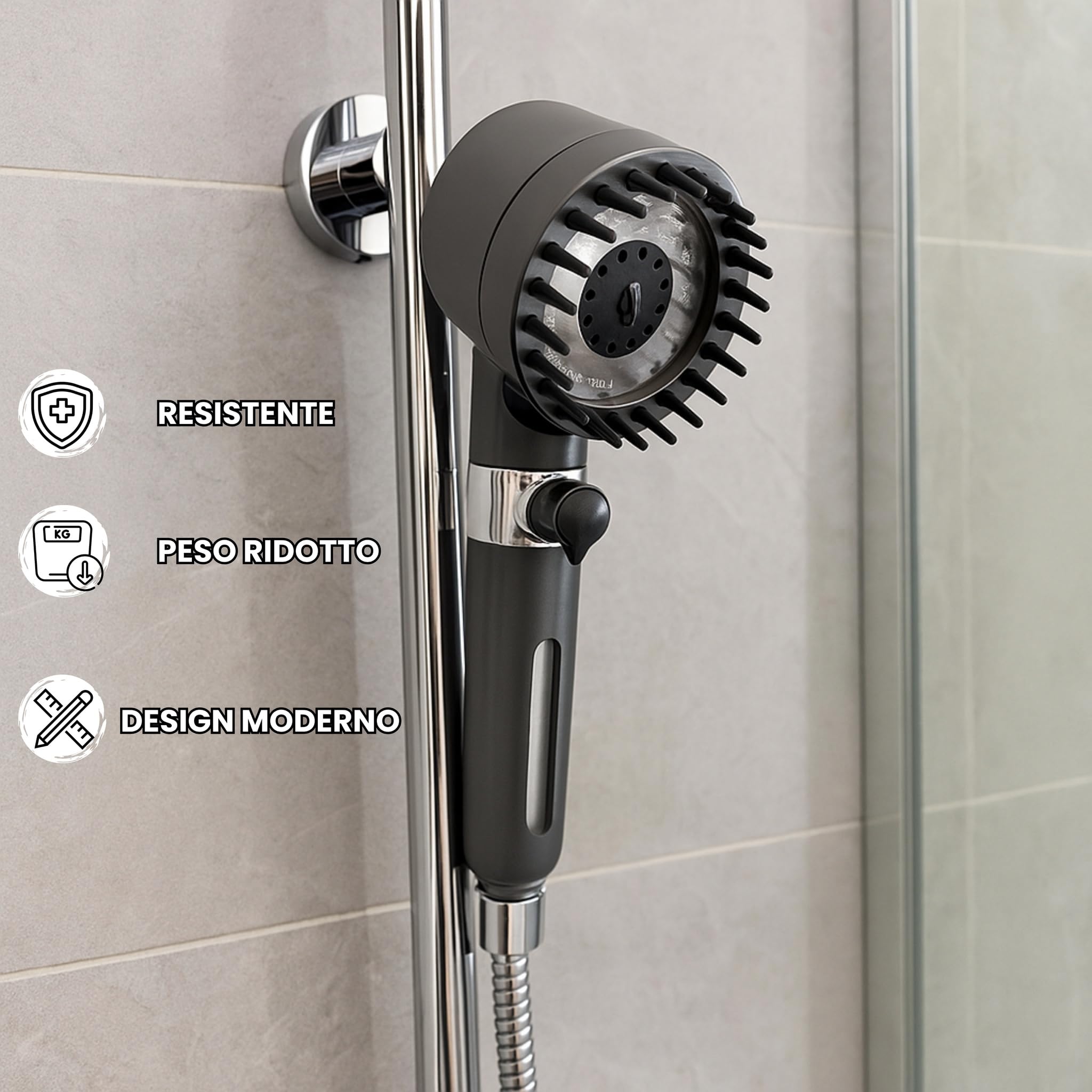 Pulifer | Doccino filtrante ad alta pressione con 3 modalità + pausa, supporto americano e gunmetal, tubo inox 1.5m, 10 filtri, risparmio idrico, getto potente per doccia confortevole