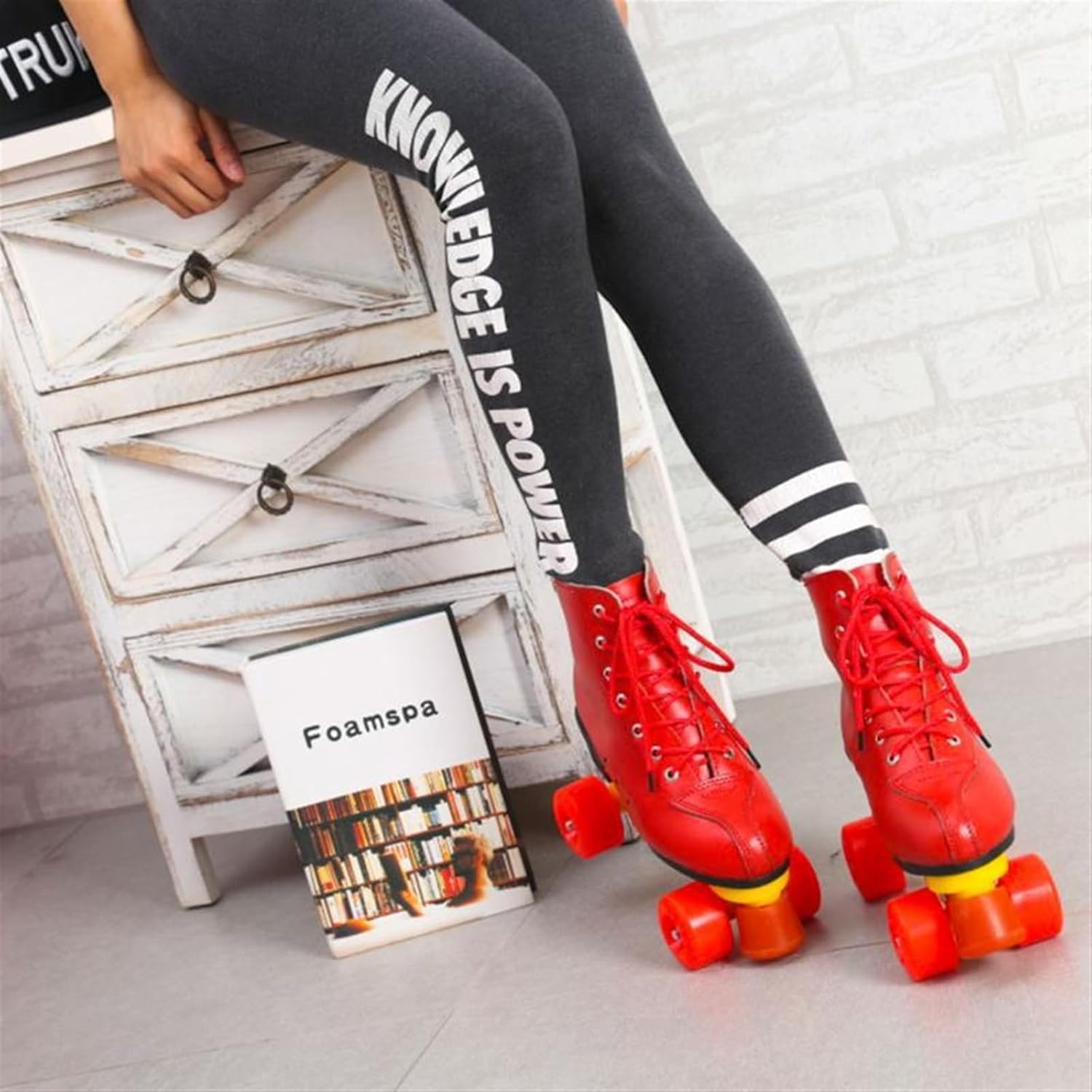 Rindsleder Rollschuhe Damen Und Erwachsen Klassisch Doppelreihe Roll Schuhe Mit 4 Rädern for Herren Unisex, Sport Rollerskates