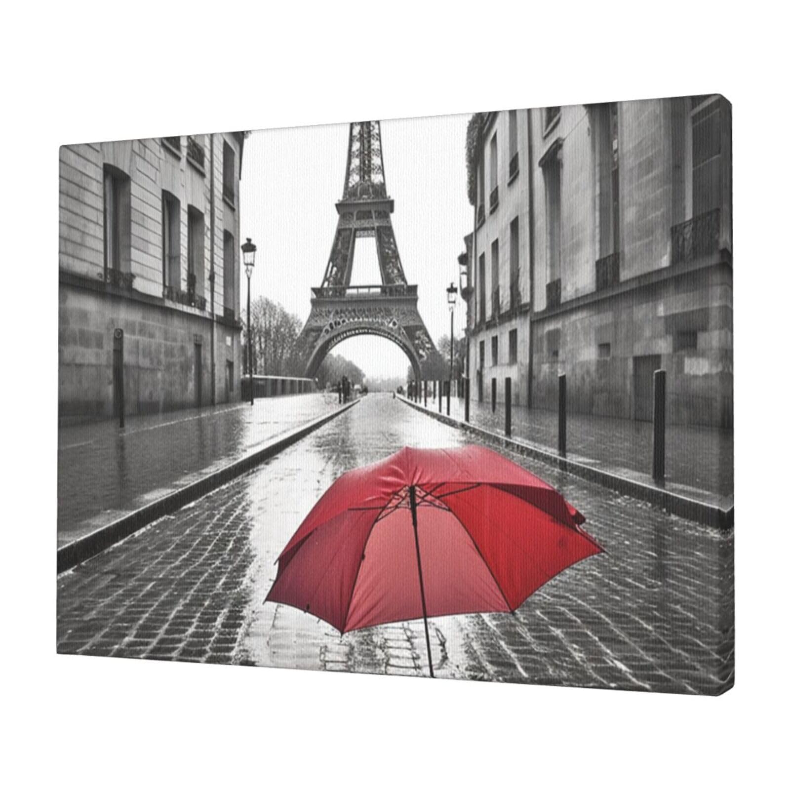 KLOPH Eiffel Tower Paris Street Red Umbrella Canvas Wall Art for Living Room 12"x16" Modern Artwork Painting for Bathroom Hanging Canvas Prints Aesthetic Wallart for Bedroom Kitchen Office Wall Decor