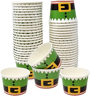 Gift Boutique 48 Xmas Treat Snack 10 Oz. Xmas Elf Belt Disposable Paper Cup Dessert Ice Cream Bowls Red Green Black & White Holiday Design For Frozen Treats Cupcakes Party Favor Supplies Décor