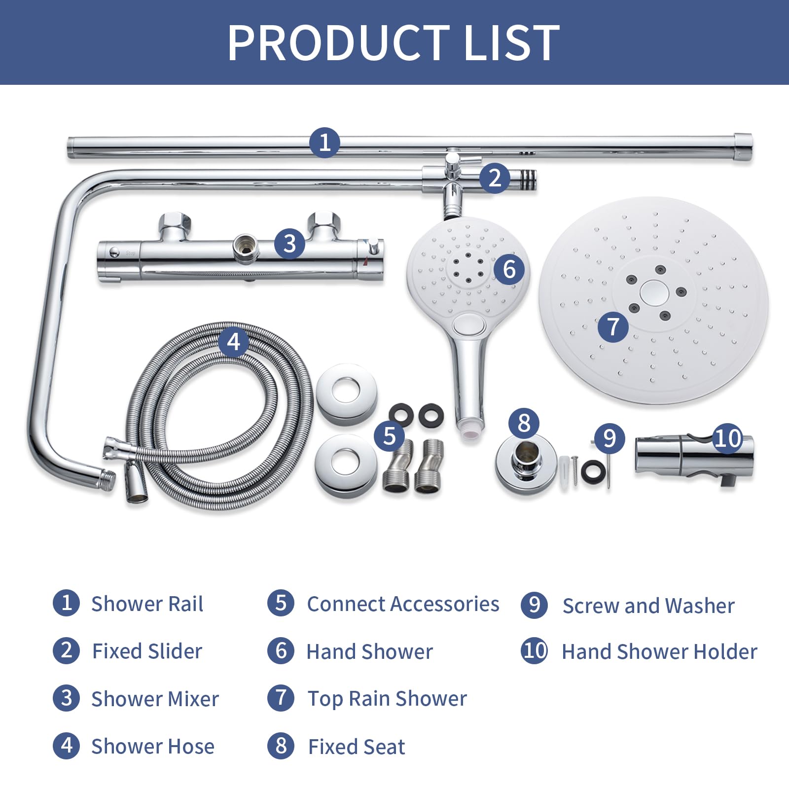 Duschsystem mit Armatur Chrom Runden Duschset ohne Thermostat aus Messing | Duscharmatur Komplettset Höhenverstellbar 80-117cm, Duschamaturenset mit 22 cm Regendusche, 3 Strahlarten Handbrause, 150mm