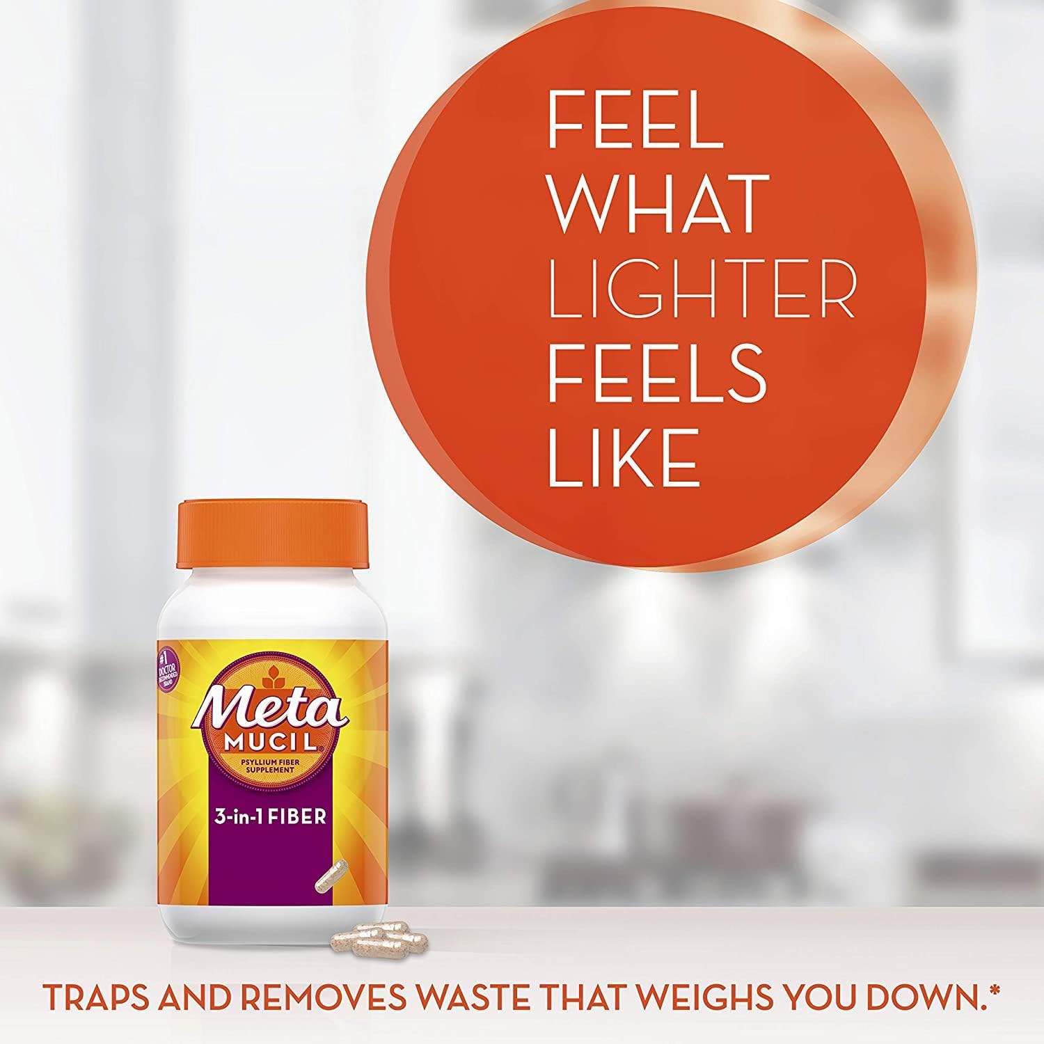 Metamucil, Psyllium Husk Fiber Supplement, 3-in-1 Fiber for Digestive Health, Plant Based, 300 Capsules : Health & Household