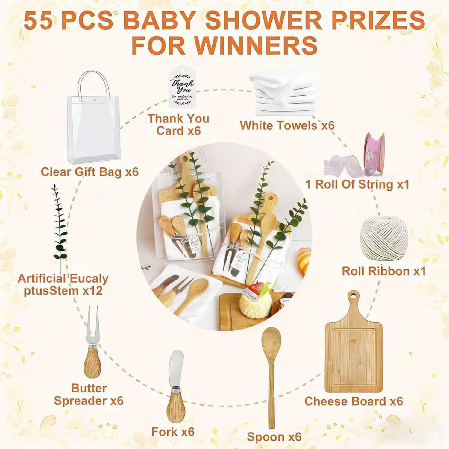 55Pcs Kitchen Gadgets Set-Baby Shower Prizes for Game Winners 6 Sets Bamboo Cheese Board Spoon Butter Spreaders Fork Towel Roll Ribbon Thank You Card and Gift Bags For Wedding Brida Favors Guests