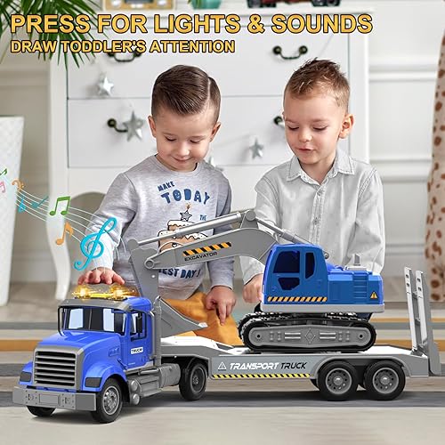 Miniatura 8 de Camión de transporte de juguetes para niños, 22 pulgadas, camión de transporte de juguete grande y camión excavador con sonido y luz, autos de