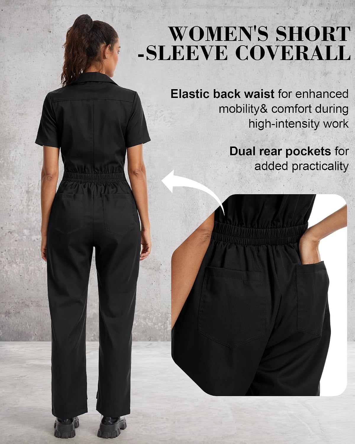 Womens Short Sleeve Coverall Zip Up Snap Front Work Jumpsuits with Pockets Lightweight Regular Fit Workwear