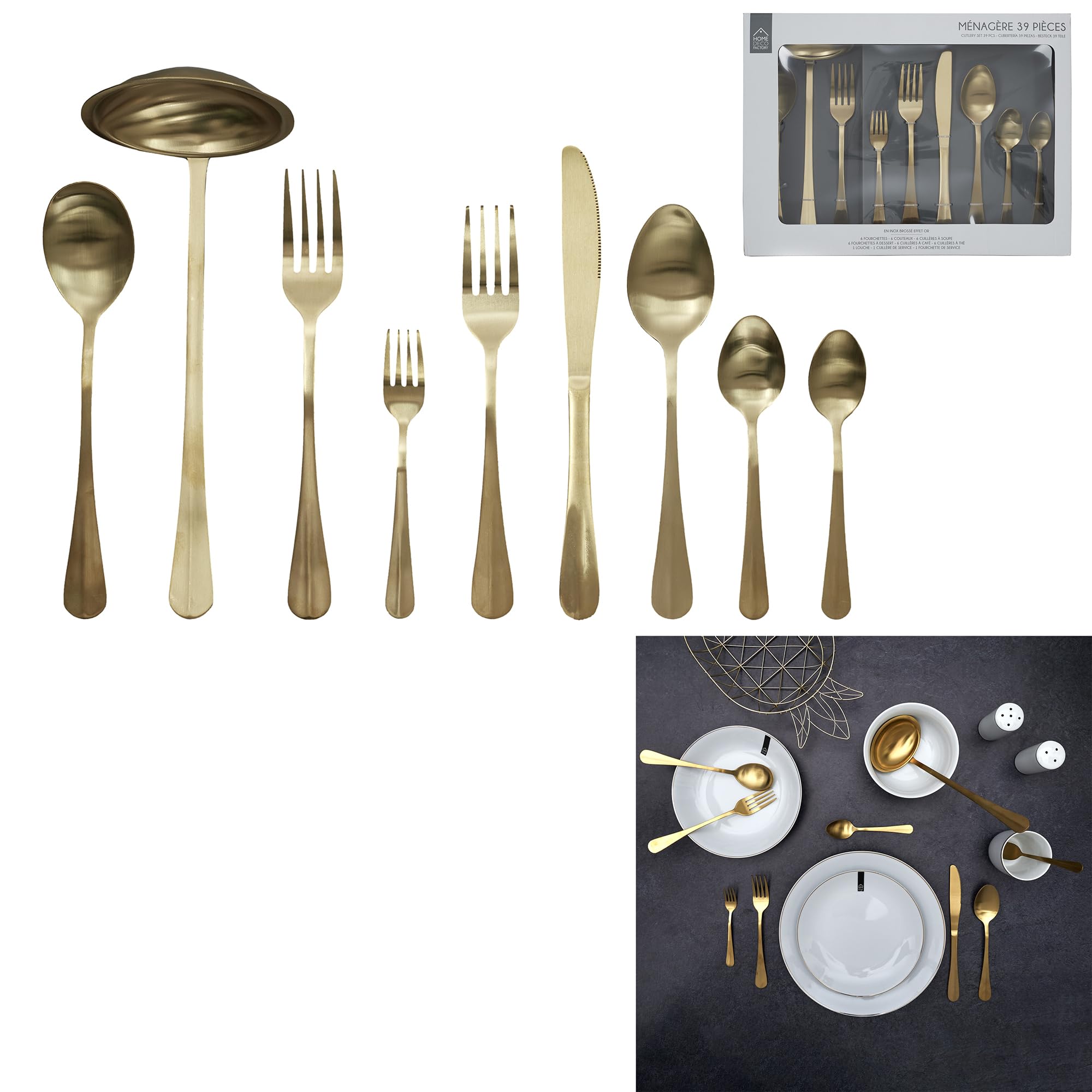 HOME DECO FACTORY - KA4662 Ensemble Couverts 39 Pièces Dorés - Élégant pour Dîners Raffinés - Idéal Occasions Spéciales et Quotidien - Taille Parfaite - Doré