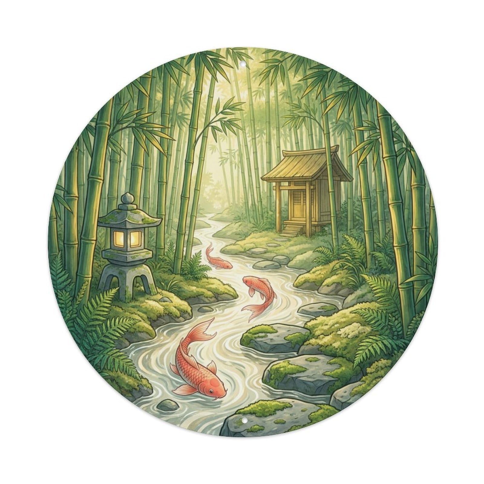 Galvaxio Style Japanese Bamboo Forest Stream Koi Fish Lantern Metal Tin Sign