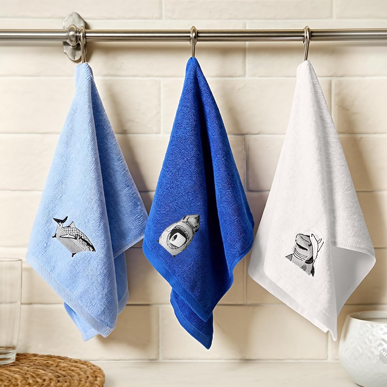 VitalCozy 3 Pcs Embroidered Shark Bathroom Hand Towels Shark Summer Decor 13.4 x 29 Inch Cotton Trendy Sea Beach Animals Bathroom Towels Decor for Funny Sea Lovers Gifts - Image 6