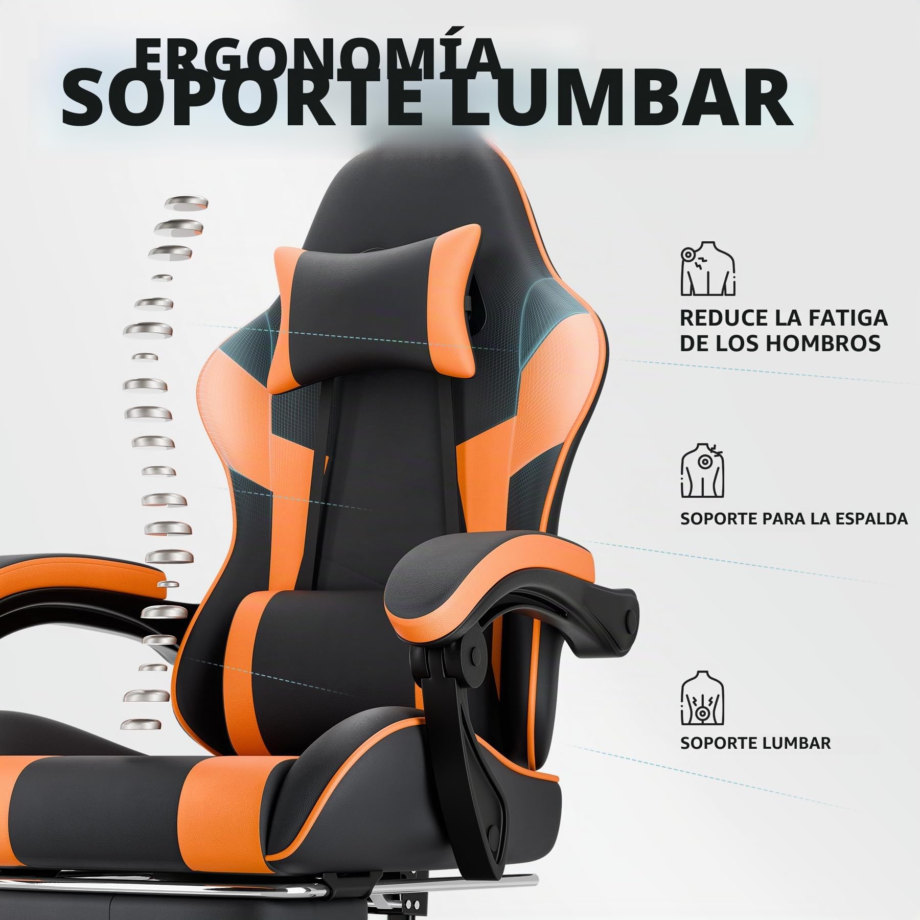 Silla ergonómica para videojuegos, con reposapiés, reposabrazos ajustables, silla de oficina, silla ergonómica para ordenador con soporte lumbar, color negro y naranja