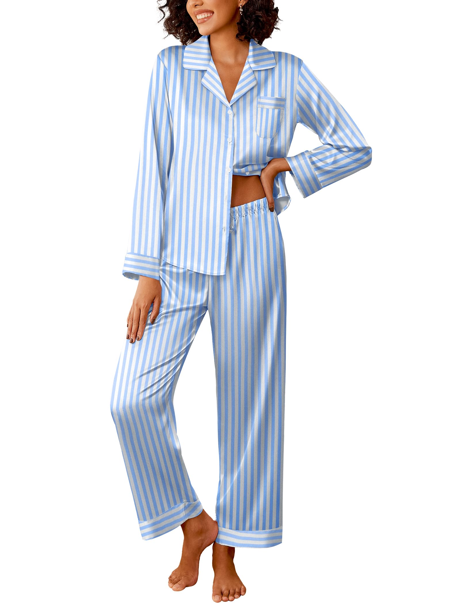 Ekouaer Womens Silk Satin Pajama Sets 2 Piece Sleepwear Pjs Set Long Sleeve Button Down Top and Pants Stripe Loungewear S-XXL