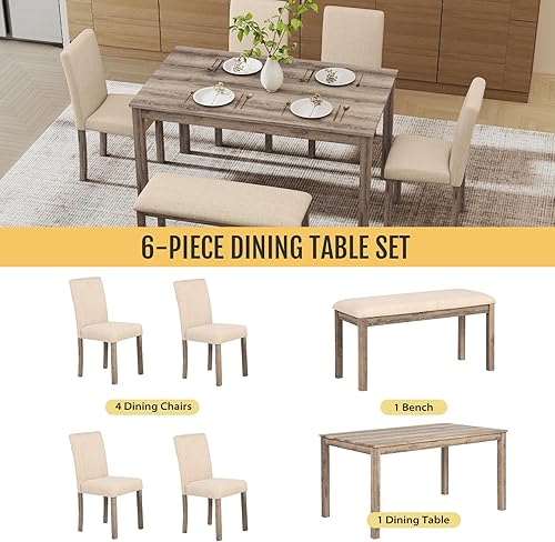 Miniatura 4 de Juego de mesa de comedor de madera maciza de 6 piezas, incluye 1 mesa de comedor, 4 sillas tapizadas y 1 banco, juego de mesa de comedor con patas