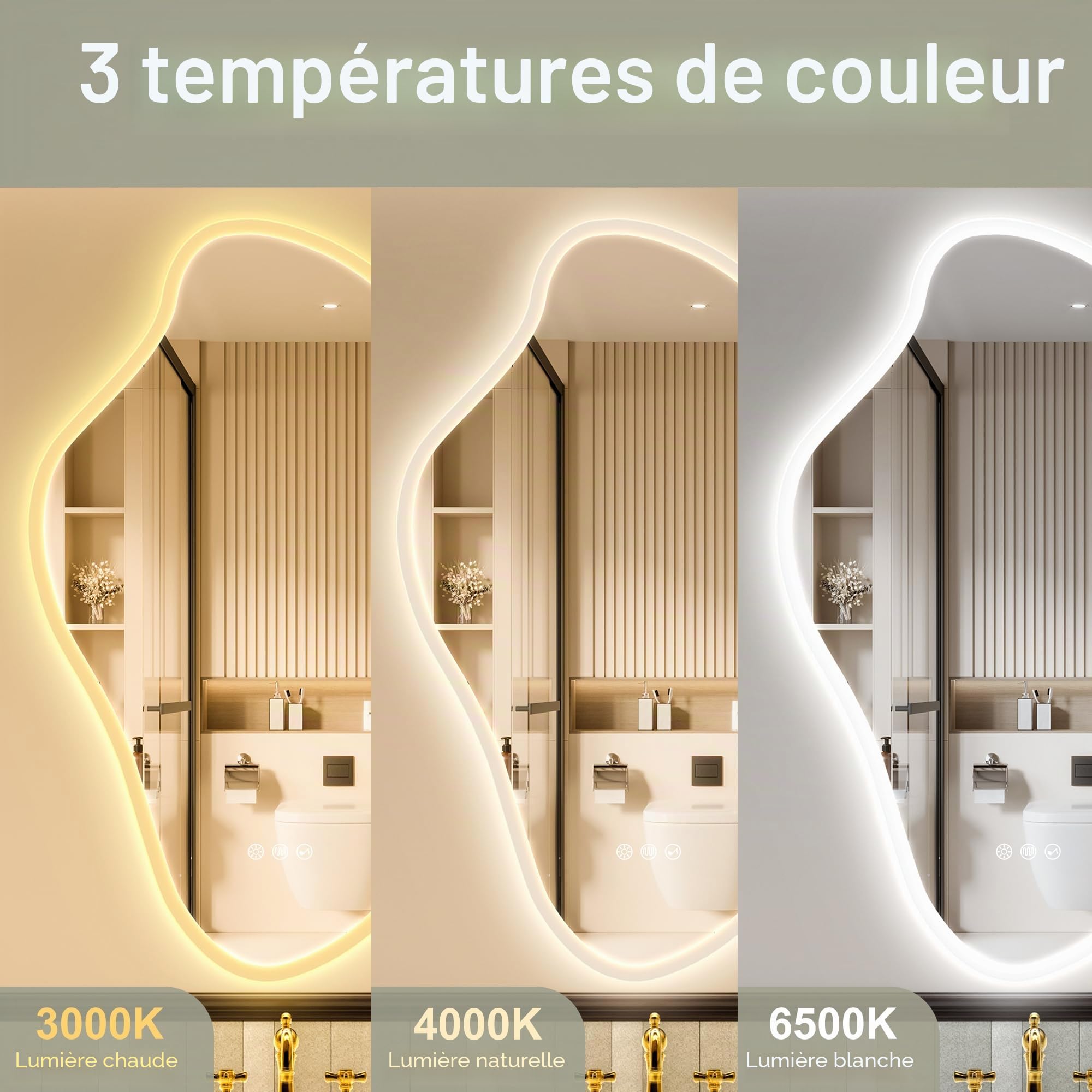 STARLEAD Asymétrique Miroir-Salle-de-Bain-avec-Eclairage 90x50cm, Irrégulier Miroir-LED avec Bluetooth, 3 Couleurs de Lumière Réglables, Anti-buée, Mémoire, IP44, Verre Trempé, Horizontal/Vertical