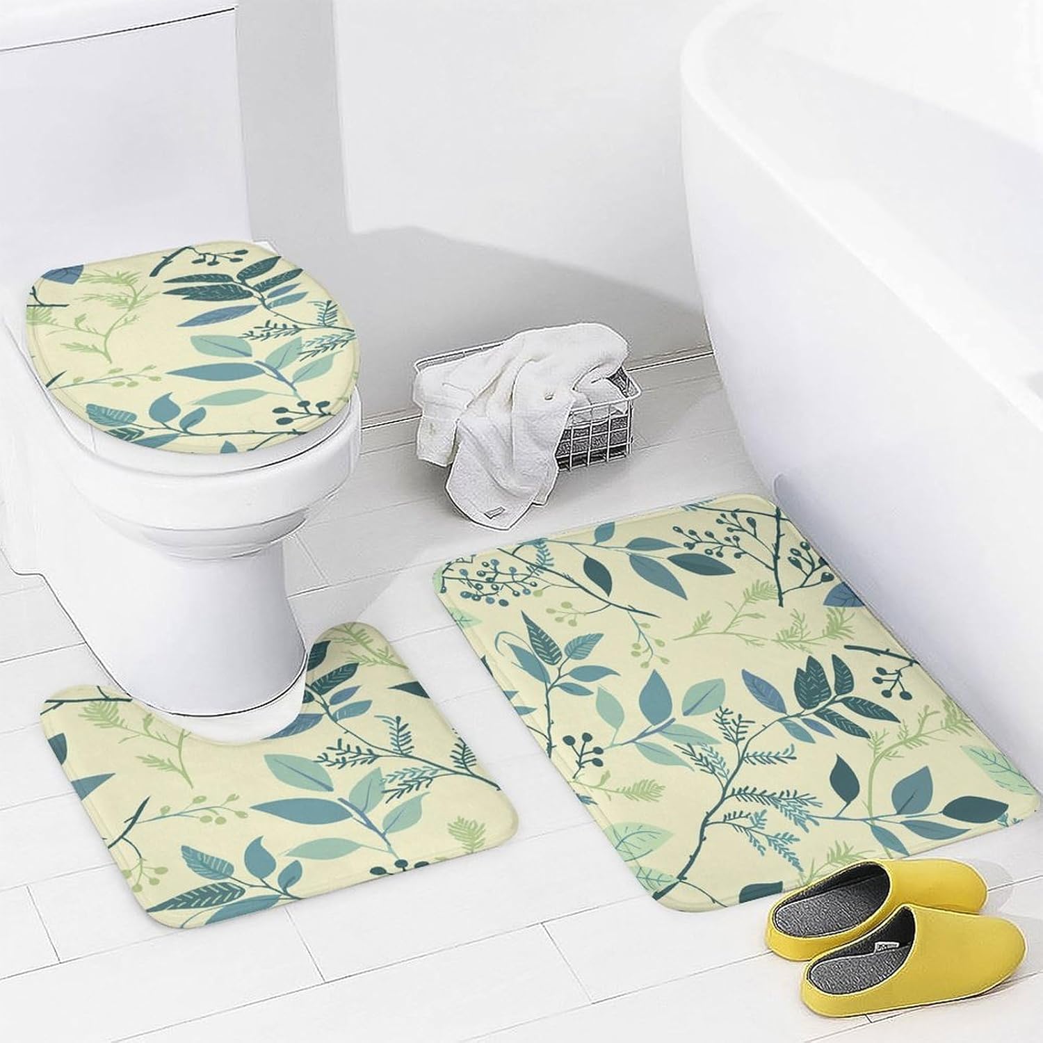 Four Piece Bathroom Set with Toilet Lid Cover and Non-Slip Rugs Minimalist Shower Curtain for Bathroom Set