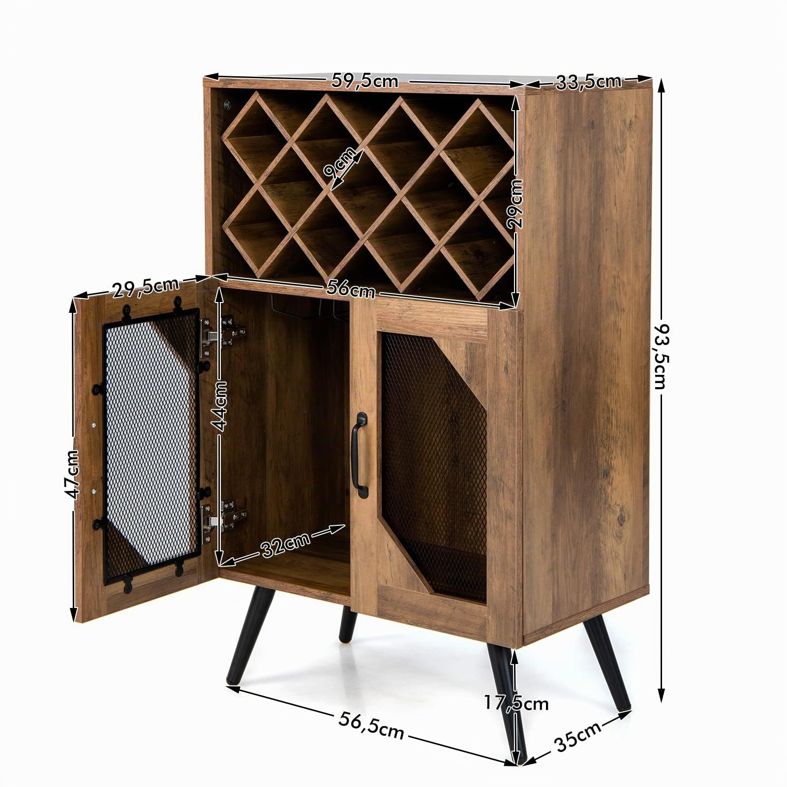 GIANTEX Küchenschrank Weinschrank Holz, Barschrank Buffetschrank mit Glashalter & abnehmbarem Weinregal für 11 Flaschen, rustikales Sideboard, bodenstehender Vorratsschrank mit Türen, 59,5x33,5x93,5cm