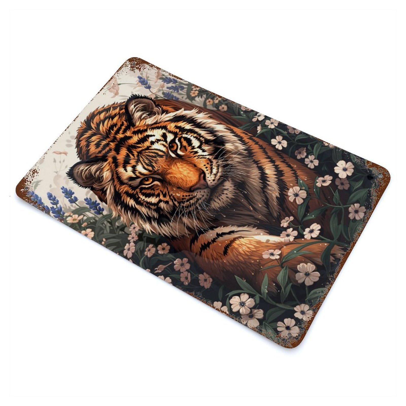 Tiger in Flowers Rust Effect Tin Sign 11.8"x7.9", Rustic Home Decor for Garage, Bar And Workshop Decor