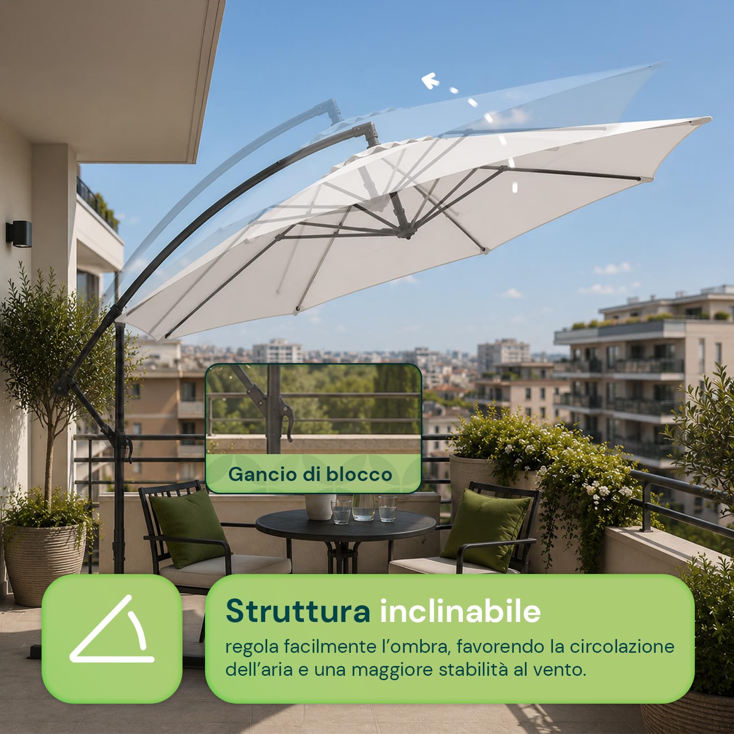 Avilia - Ombrellone da Giardino 300 cm Altezza 2,5 m con Braccio Decentrato, Tessuto Impermeabile e Anti Raggi UV, Apertura a Manovella, Design Moderno per Arredo Giardino per Esterno