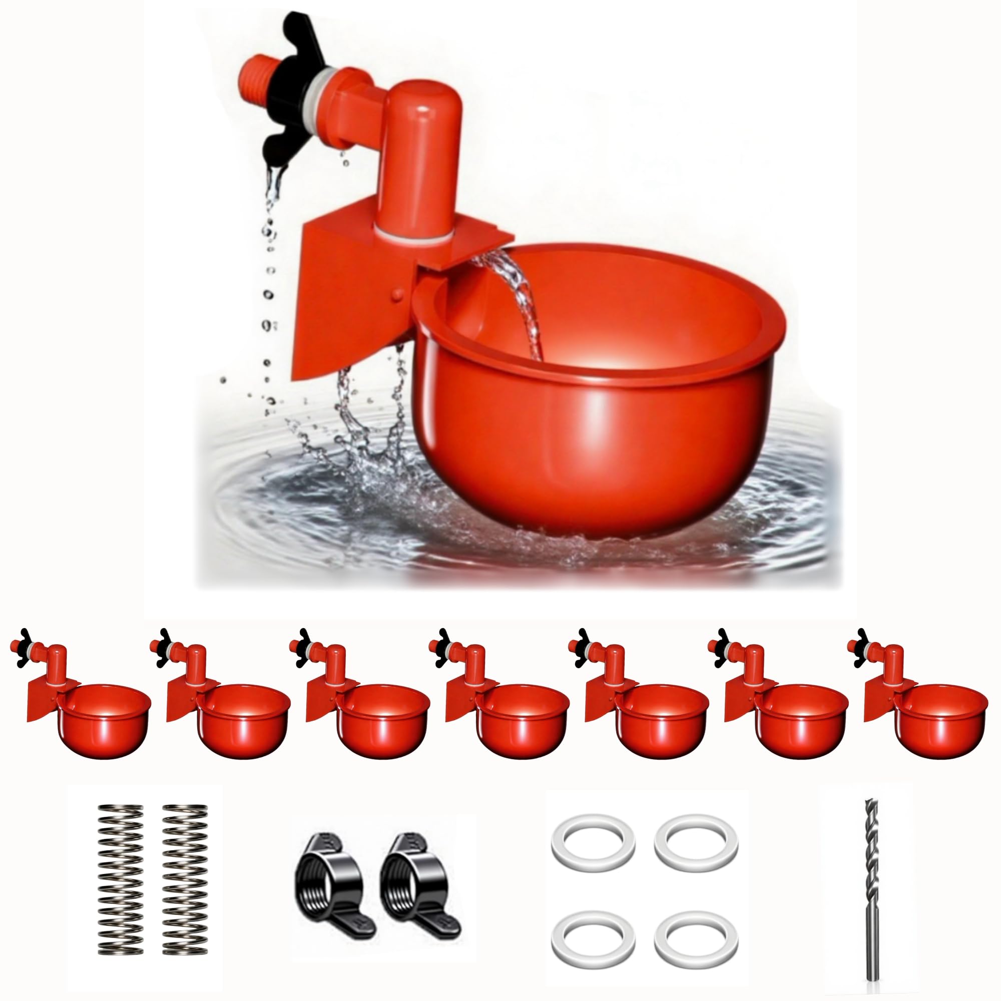 Juego de 8 tazas de agua para pollos + extras gratis, resistentes a las fugas, para suministros de pollitos de bebé y otras aves de corral, se adapta a cubos de 5 galones y