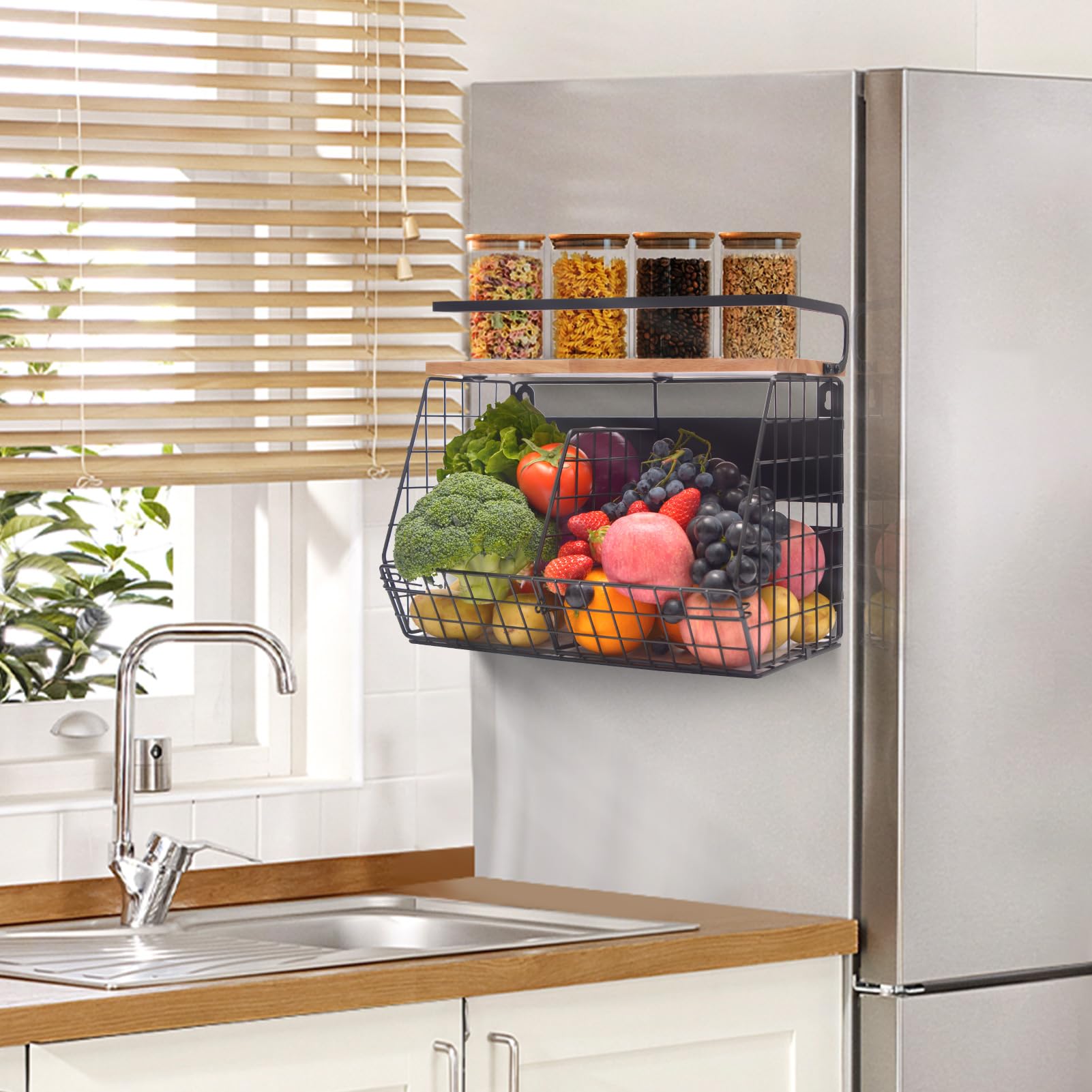 Lermende Magnetico Porta Frutta Cucina: 2 in 1 Scaffale Magnetici per Frigorifero, Organizer da Cucina Senza Forature con 4 Ganci Mobili per Cucina, Lavanderia, Area Ristoro, Spazio Relax.