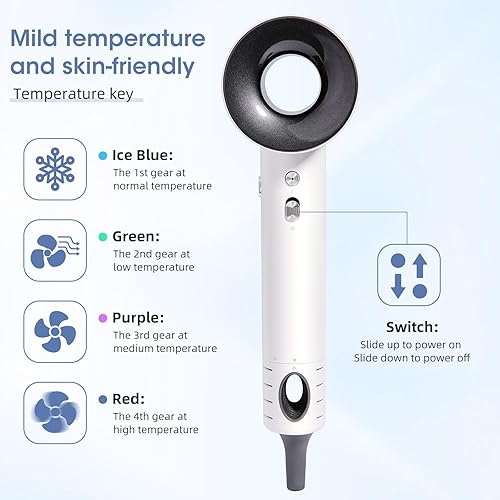 Miniatura 3 de FYB Secador de pelo de secado rápido, secador de pelo iónico, velocidad de viento suave, adecuado para todo tipo de cabello (blanco)