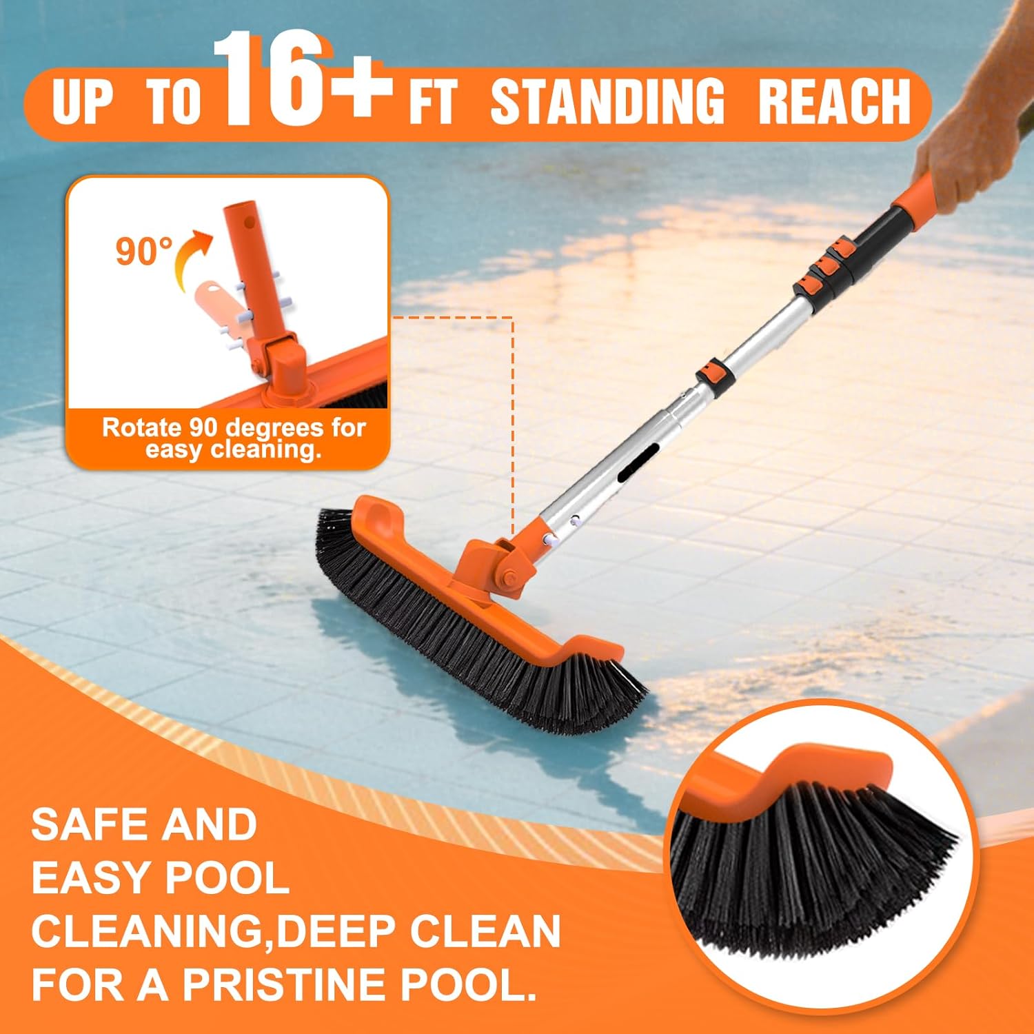 LAANPOLE Pool Brush with Pole, 16FT Heavy Duty Telescopic Pool Pole with 18" Pool Brush, Swimming Pool Scrubber Brush Head for Cleaning Walls, Tiles & Floors