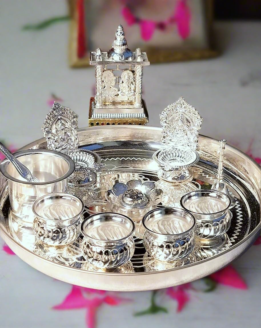 German Silver Pooja Thali Combo Set with Lakshmi Ganesha Temple & Traditional Accessories | Full Puja Plate for Housewarming, Festivals, Weddings & Daily Worship | Religious Gift Item for Home Temple