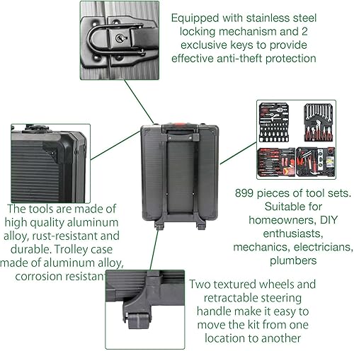 Miniatura 4 de Juego de herramientas 899pcs con caja de aluminio para la carretilla, kit de herramientas para el hogar con caja de herramientas rodante, negro