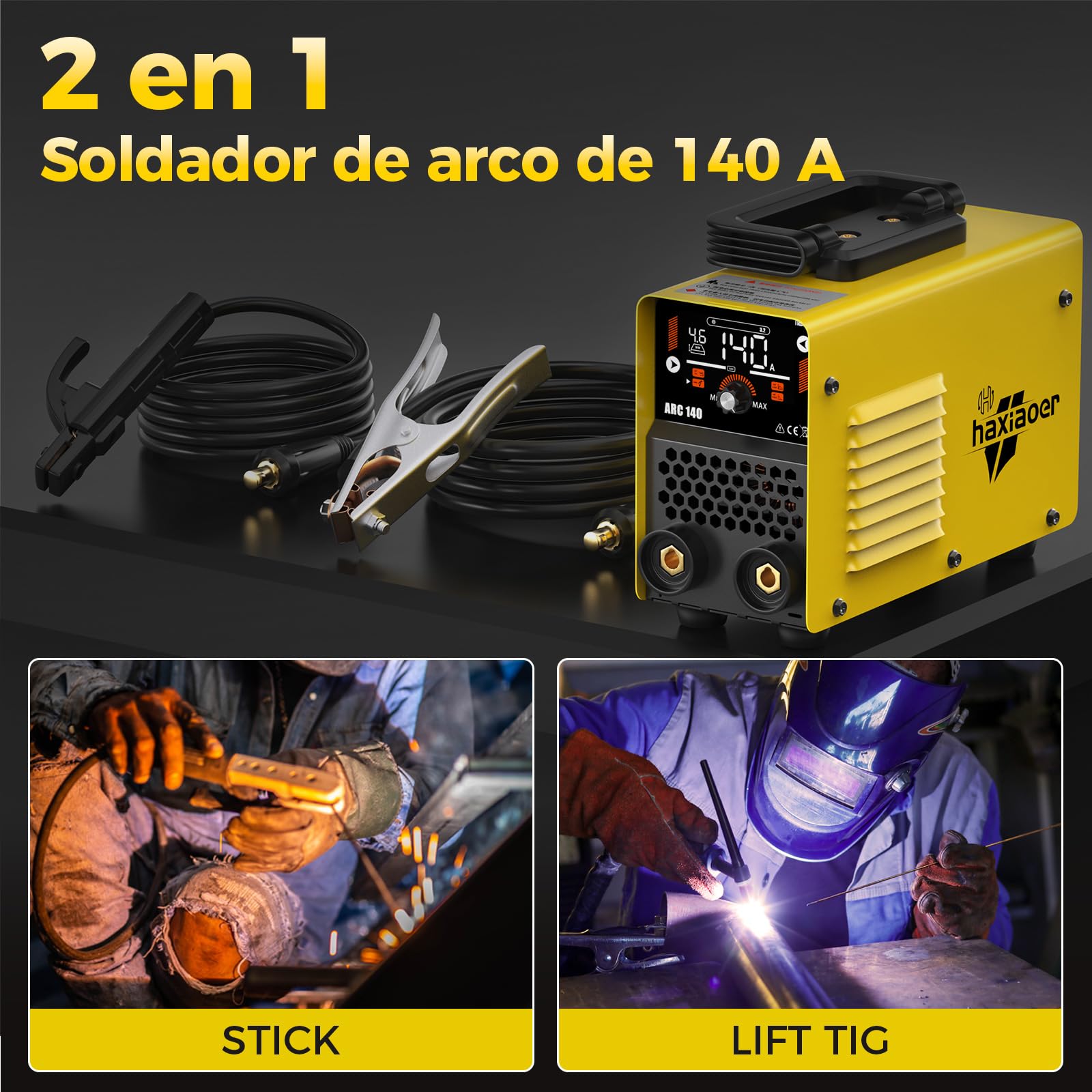 haxiaoer 140A Soldador Inverter - 2 en 1 Mini Maquina de Soldar de MMA Lift TIG Con Pantalla LCD Digital Inteligente Soldador de Arco, IGBT, 10 Electrodos de Soldadura