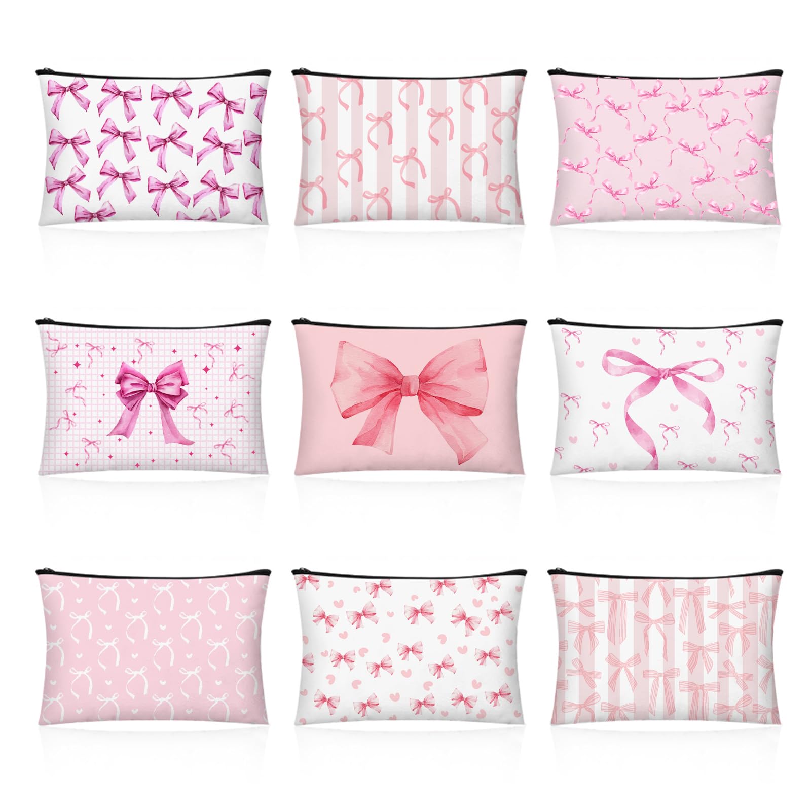 JEFBFBWE 9 Pcs Pink Bow Makeup Bag Coquette Makeup Bag for Pretty Women Zipper Pouch Travel Toiletry Bags Pink Trendy Pouch Gift for Coquette Birthday