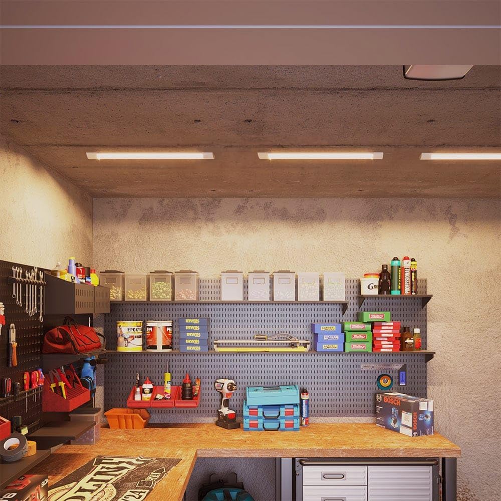 HOFTRONIC LED Battens installed in a workshop above a workbench