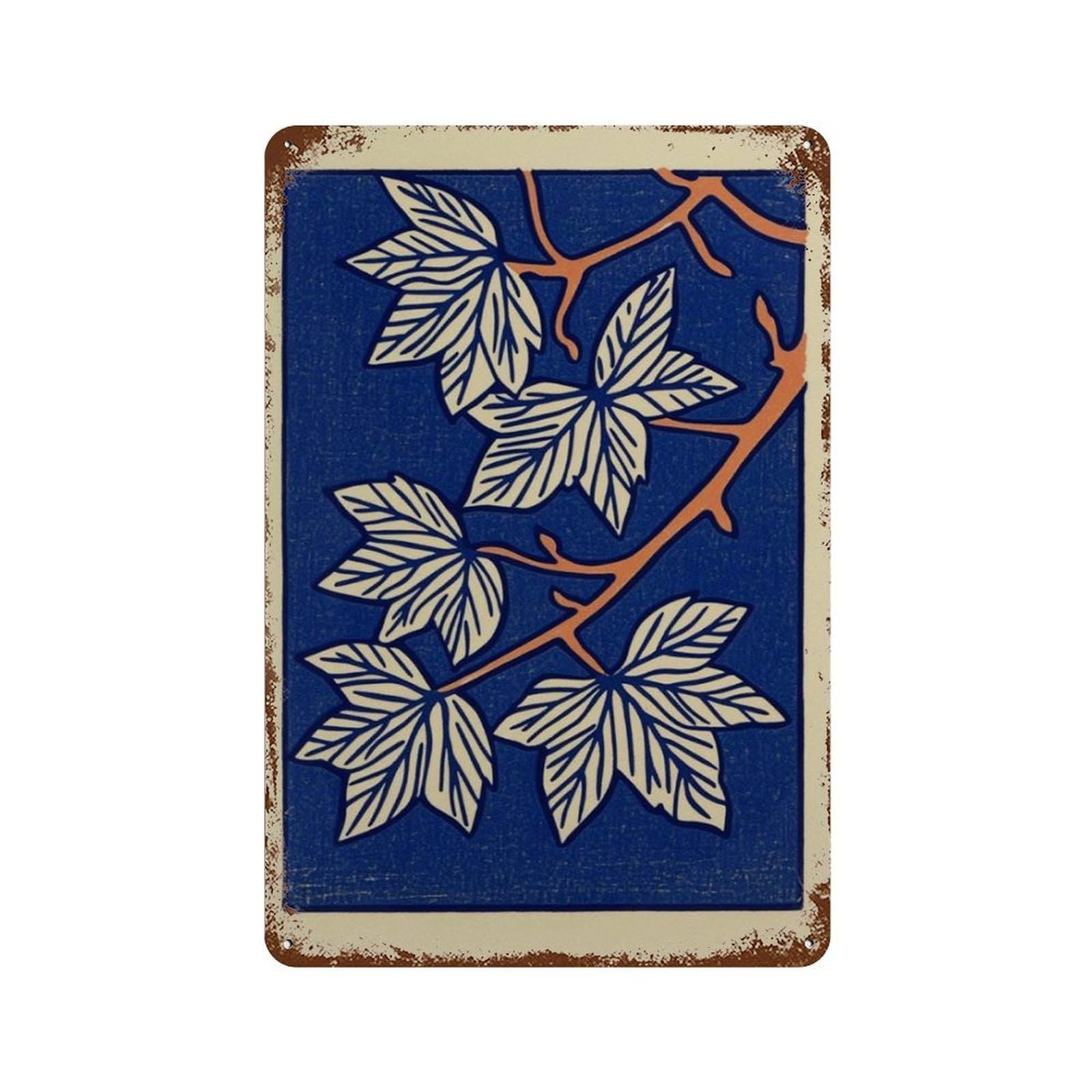 xiaoxiaoshen Japanese Maple Leaf Woodblock Style Botanical Blue Cream Minimalist Nature Asian Wall Decor Art Metal Tin Poster Modern Home Decor Art Home Bar Shop Decorations Vintage Sign 30x20cm