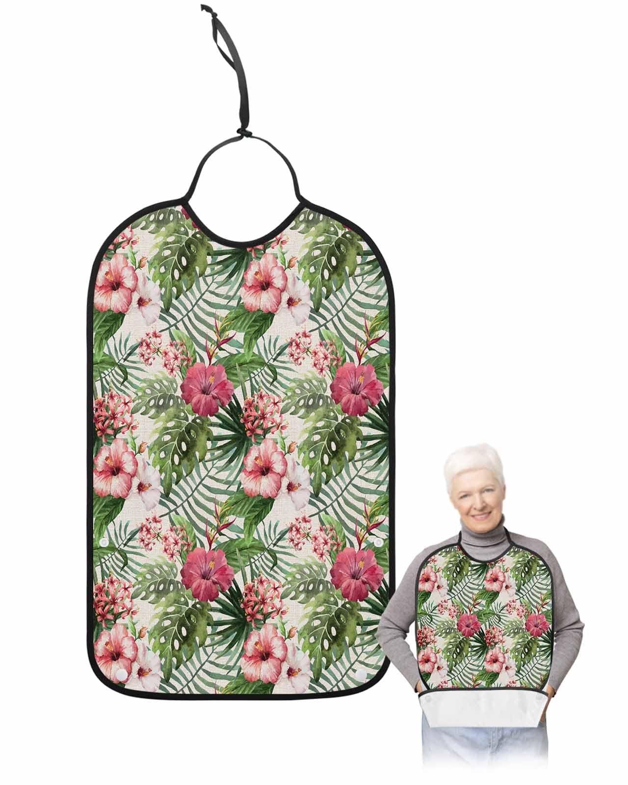 LEOKOTI Tropical Adult Bibs for Eating, Waterproof Bibs with Food Catcher & Adjustable Snap Closure, Summer Botanical Spring Floral Rustic Washable Clothing Protectors Adult Bibs for Elderly