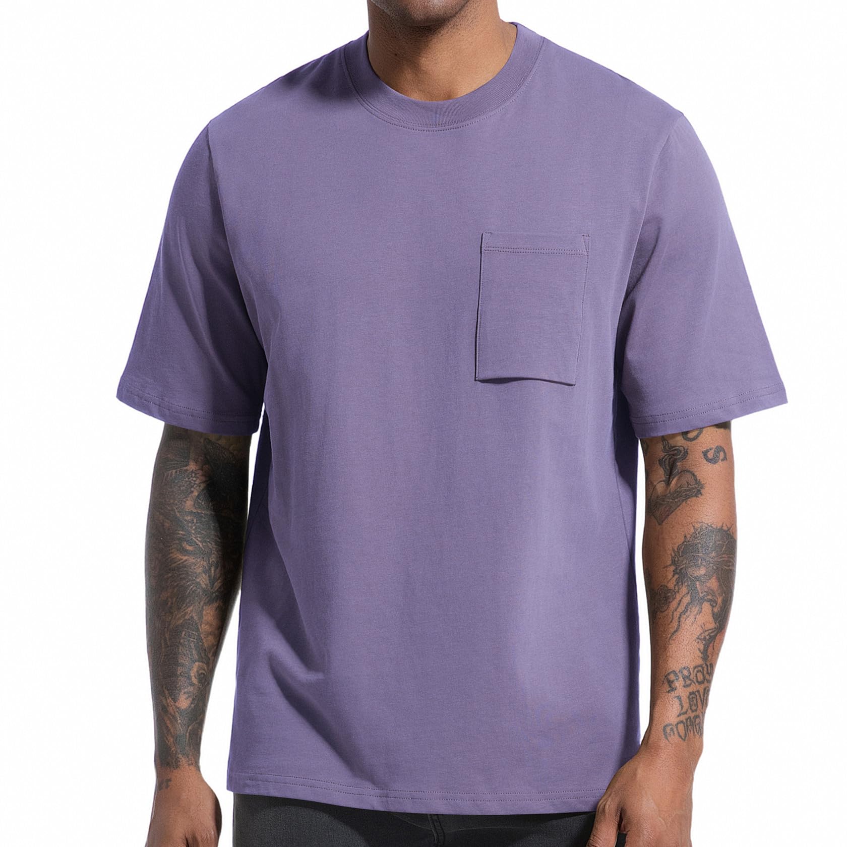 VEIISAR Herren 100% Baumwolle 250GSM Heavyweight Pocket T-Shirt – einfarbig, Rundhals, schweres T-Shirt für Männer