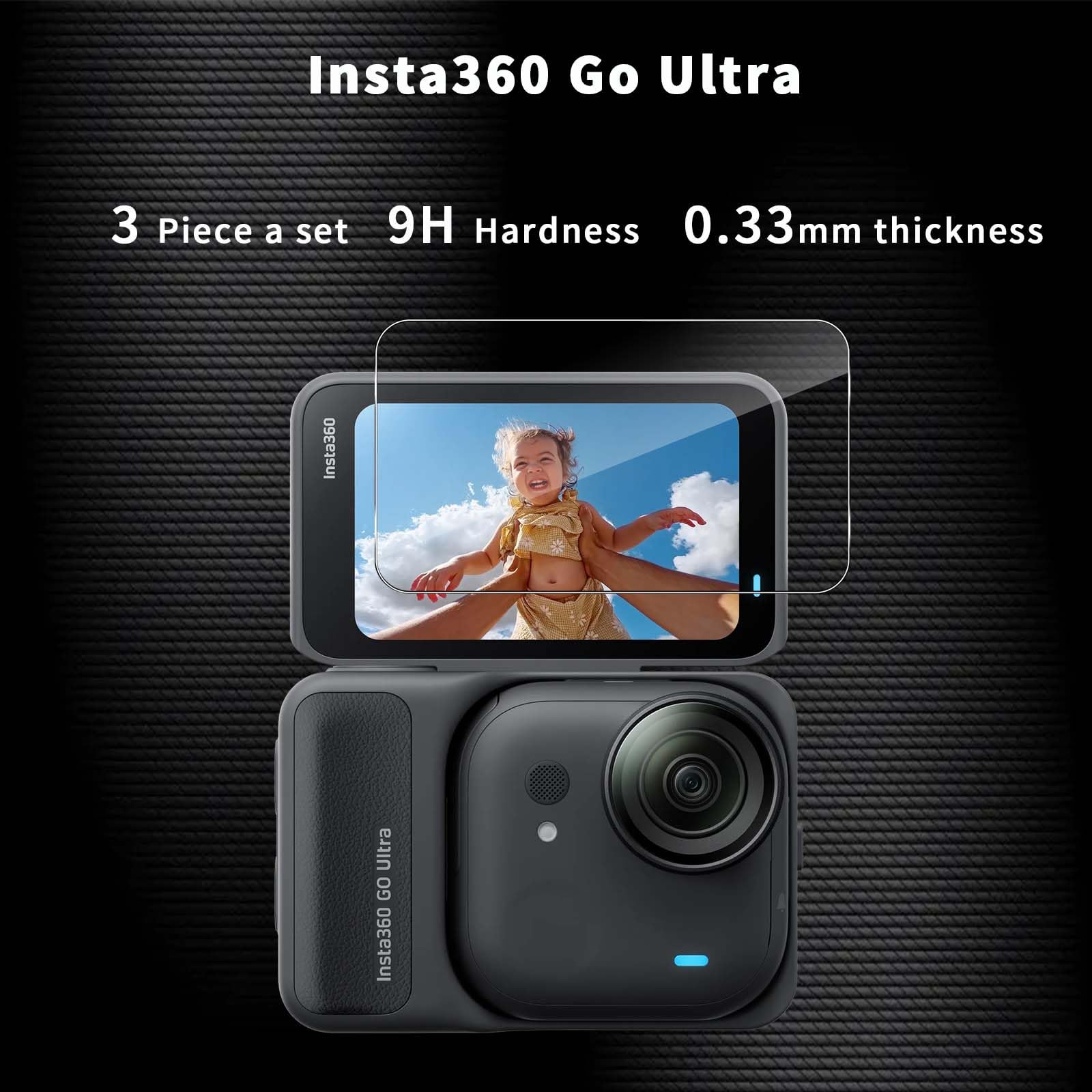 QULLOO Pellicola Vetro Protettiva per Insta360 GO Ultra, Durezza 9H Anti-graffio HD Vetro Temperato Fotocamera Protezione [3 Pezzi]