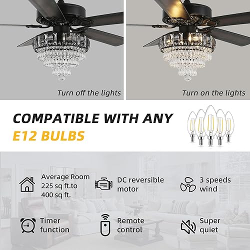 Miniatura 5 de Modernos ventiladores de techo de cristal con luces y control remoto, ventilador de techo negro retro de granja, ventilador de techo de 52 pulgadas