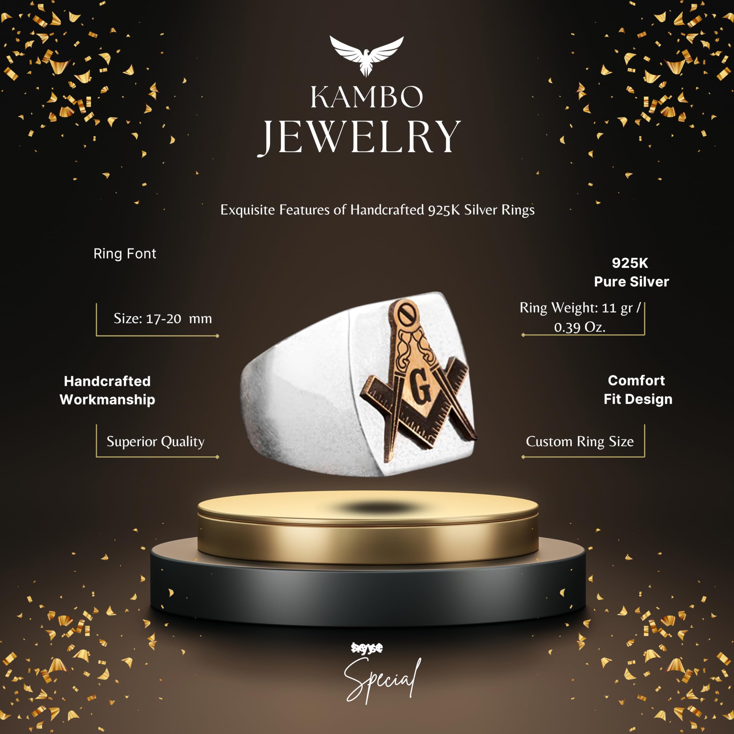 KAMBO Anillo masónico para hombre, anillo único hecho a mano, de plata de ley 925 para hombre, bronce plateado, sin piedras preciosas, Plata de ley 925, bronce, piedra preciosa, madera, Sin