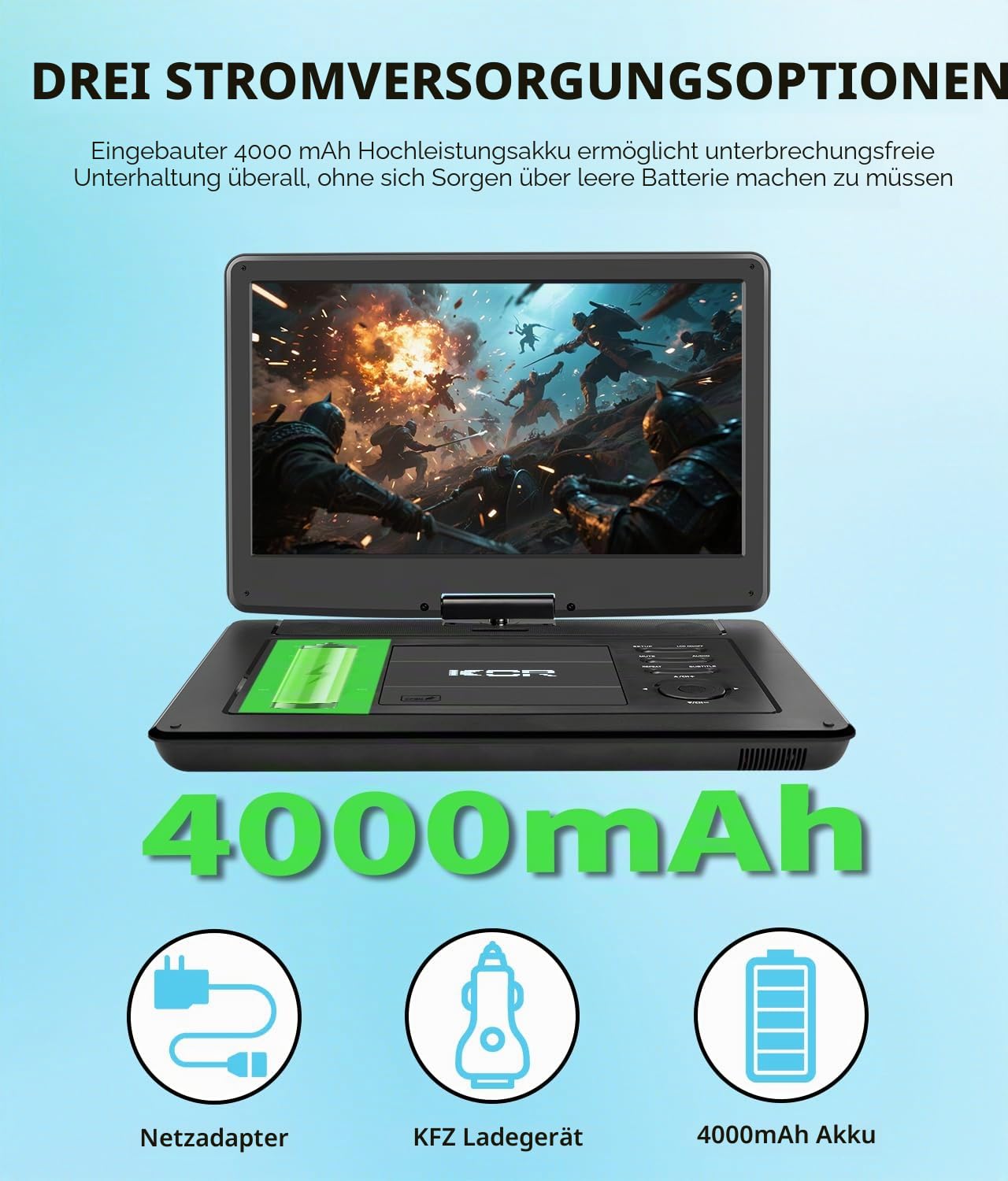 KCR 15,6 Zoll Tragbarer DVD-Player für Kinder und Auto, 15,6 Zoll LED-Bildschirm, DVB-T2 Tuner, wiederaufladbarer Akku, USB/HDMI/AV/Audio und mehrere Formate
