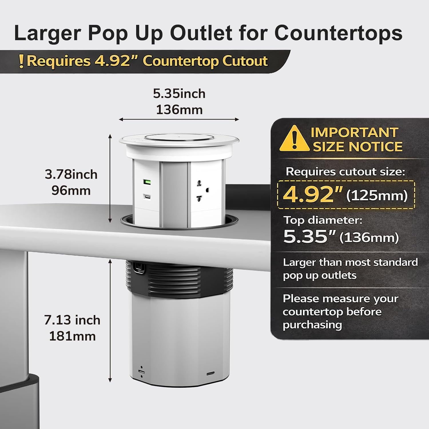 Pop Up Outlet for Countertop with 15W Wireless Charger & Mobile App Control-3 AC Outlets + USB-A & 20W USB-C Ports, 5.35" Recessed Pop Up Electrical Outlet Space Saver for Home Kitchen Office-White​