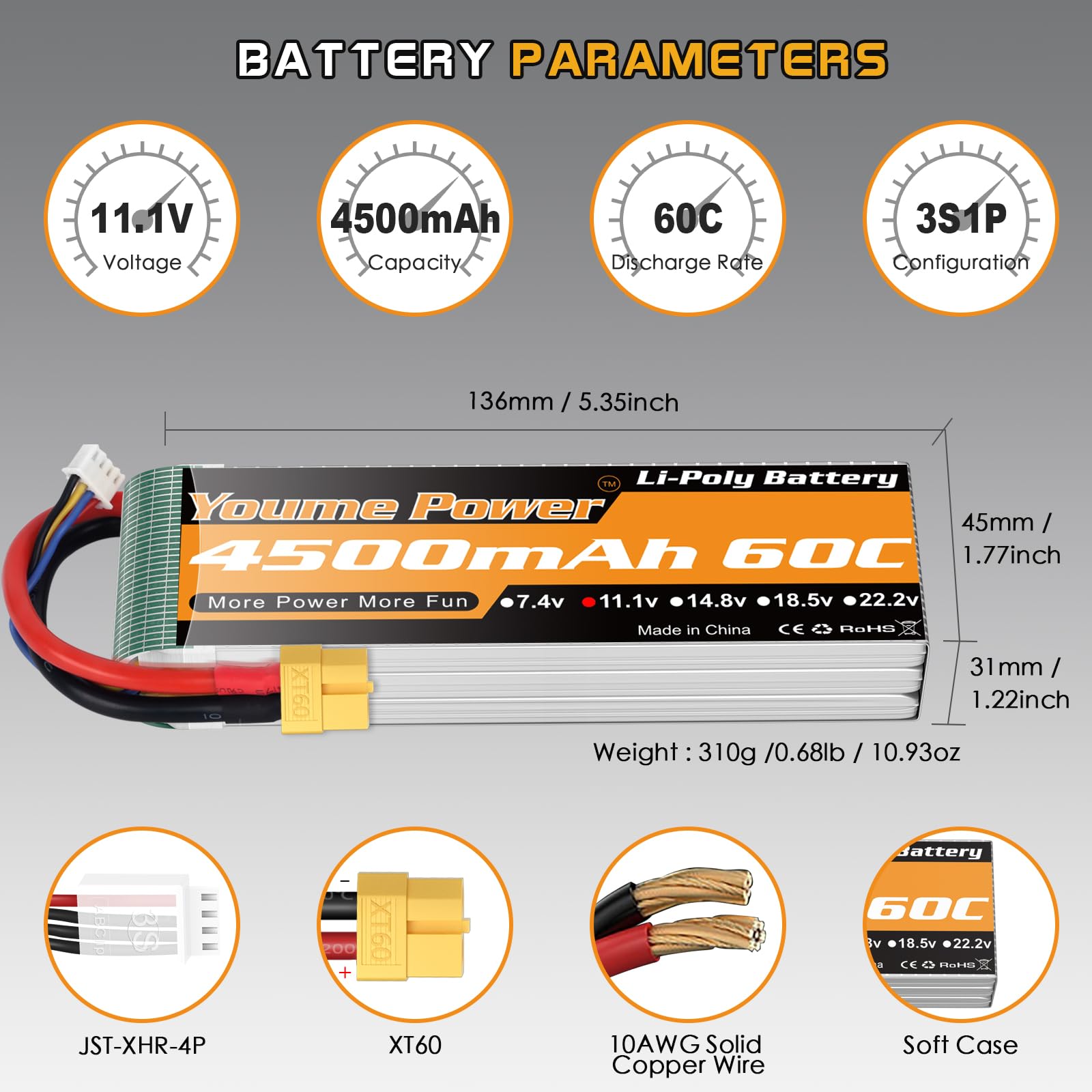 Youme 11,1 V LiPo Batterie, 3S RC Lipo Batterien 4500mAh 60C mit XT60 Stecker für RC Auto/LKW, Buggy, Boot, Heli und Drohne (2 Packungen)