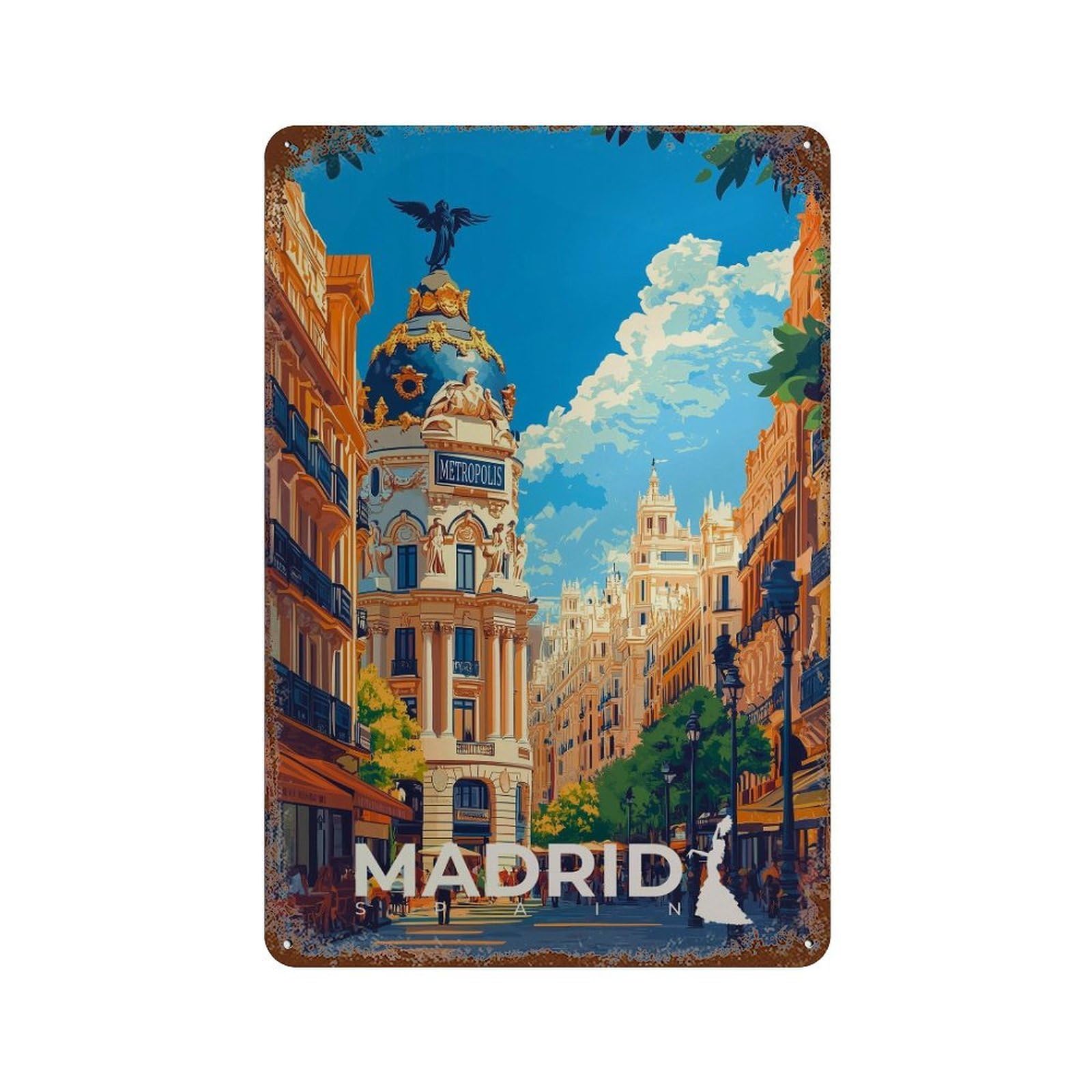 xiaoxiaoshen Madrid Travel Mediterranean Wall Decor Art Metal Tin Poster Modern Home Decor Art Home Bar Shop Decorations Vintage Sign 30x20cm