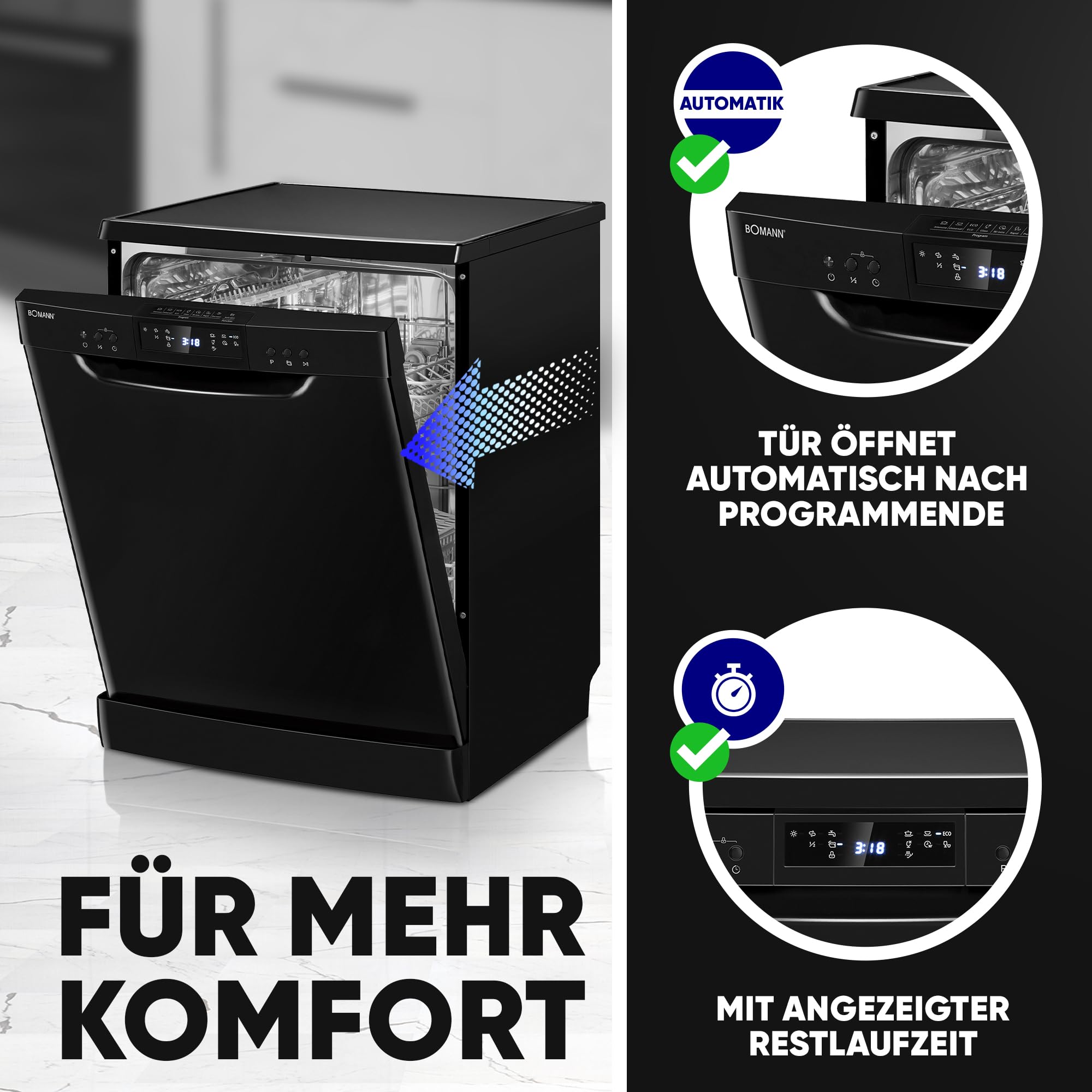 Bomann Geschirrspüler 60 cm 14 Maßgedecke Stand Unterbau 7 Programme 2 Sprühebenen Startvorwahl GSP 7419 schwarz